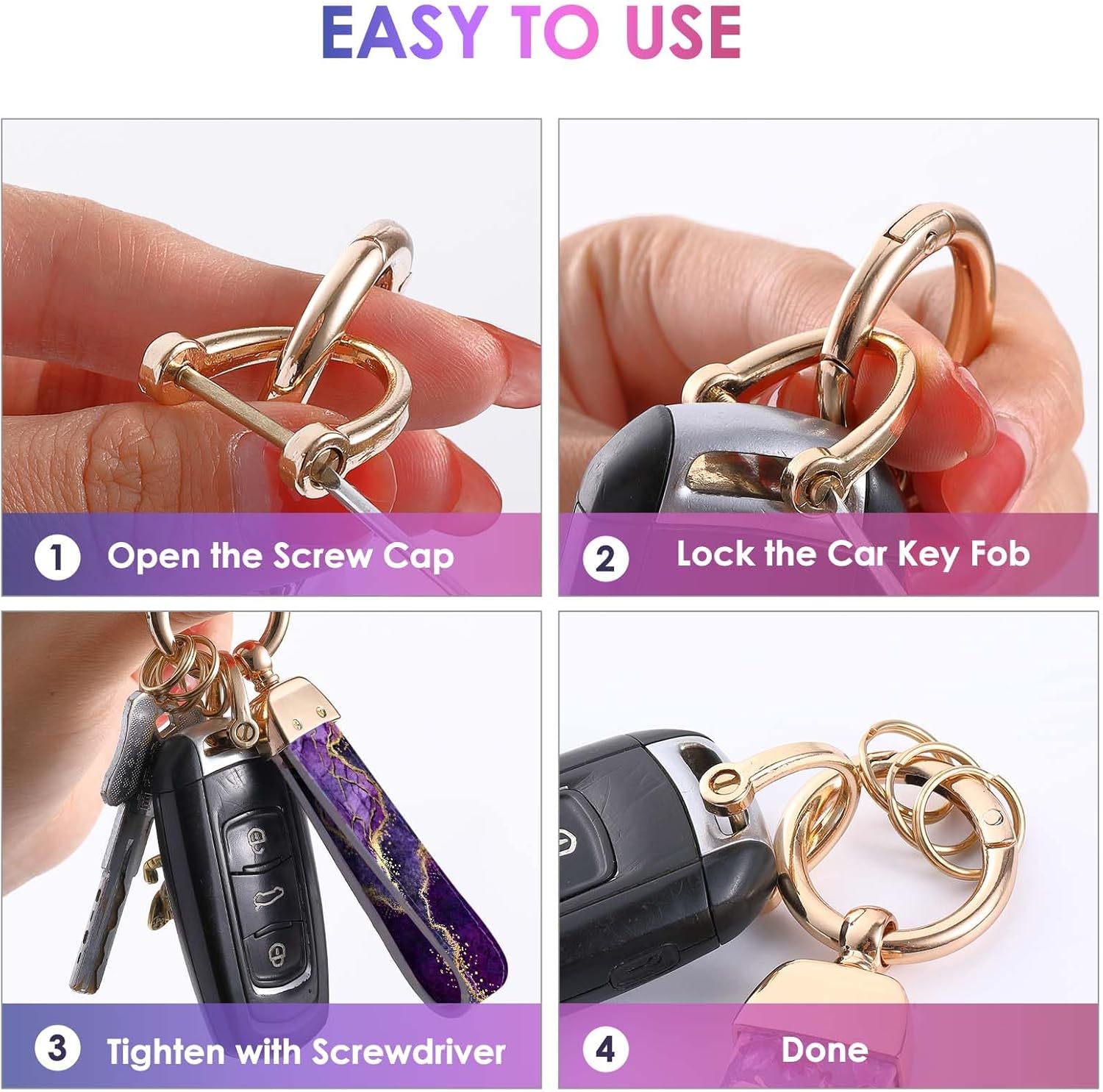 Llavero de cuero para hombre y mujer, llaveros para llaves de coche con 5 llaveros y llavero de anillo en D antipérdida, Mármol púrpura