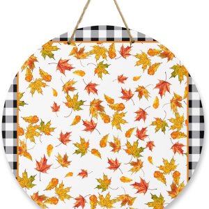 Welcome Sign for Front Door Decoration, Thanksgiving Maple Leaf Black White Buffalo Plaid Fall 10 Inch Hanging Sign Plaque Holiday Decor for Porch Welcome Sign for Front Door Decoration, Thanksgiving Maple Leaf Black White Buffalo Plaid Fall 10 Inch Hanging Sign Plaque Holiday Decor for Porch