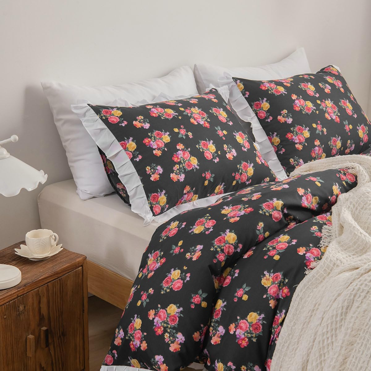 MR.FEATHER Juego de edredón floral Queen, juego de ropa de cama negro de 3 piezas de microfibra suave y duradera con elegantes juegos de estampado