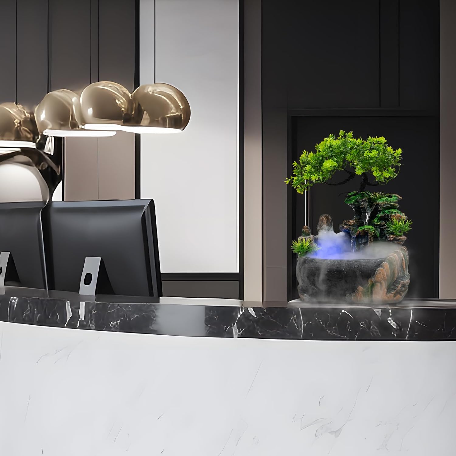 Fuente de escritorio de relajación para interiores, cascada de meditación zen con bomba automática y humidificador atomizador, cascada iluminada