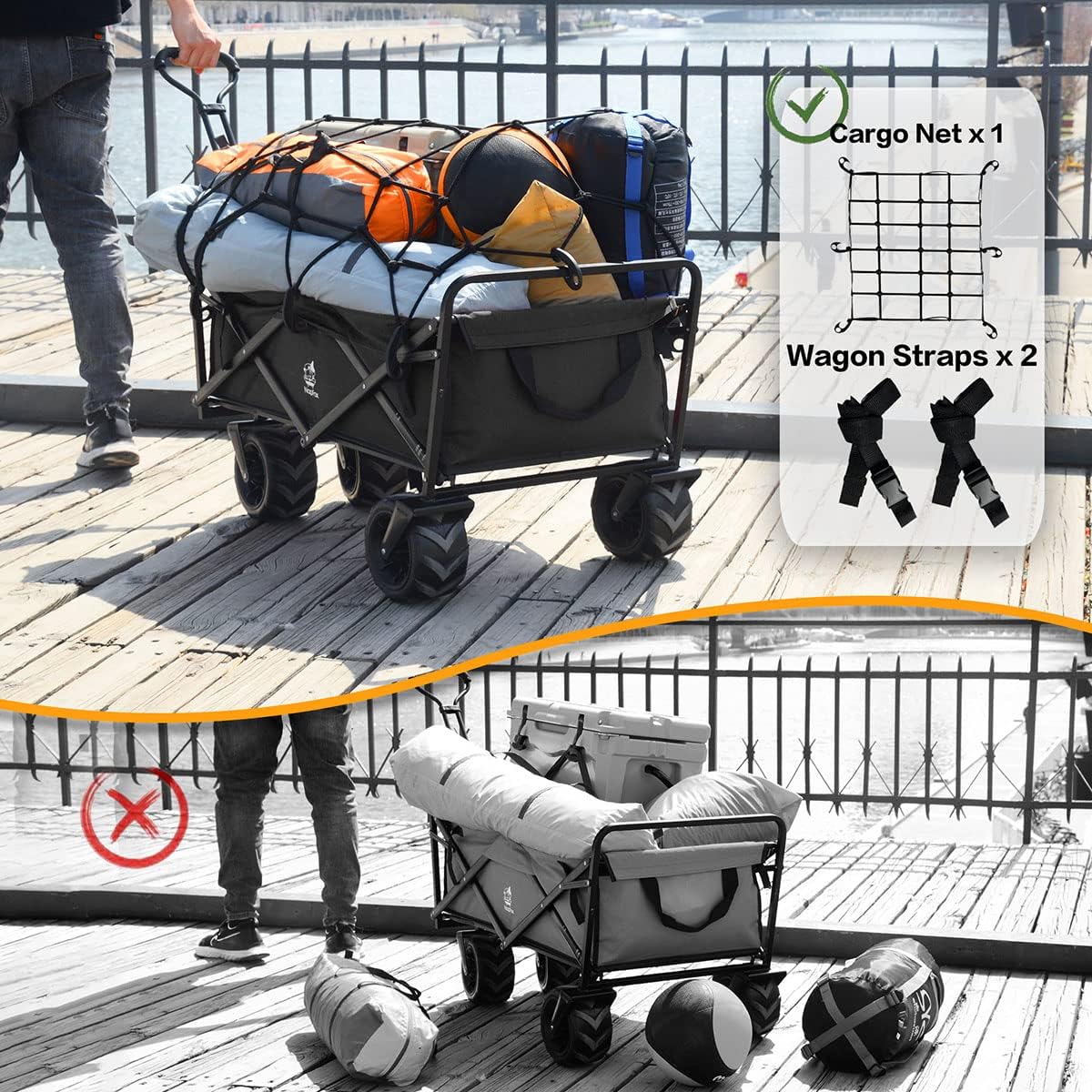 Carrito plegable de playa plegable resistente con ruedas todo terreno para arena con red de carga, correas, carro de playa utilitario para arena,