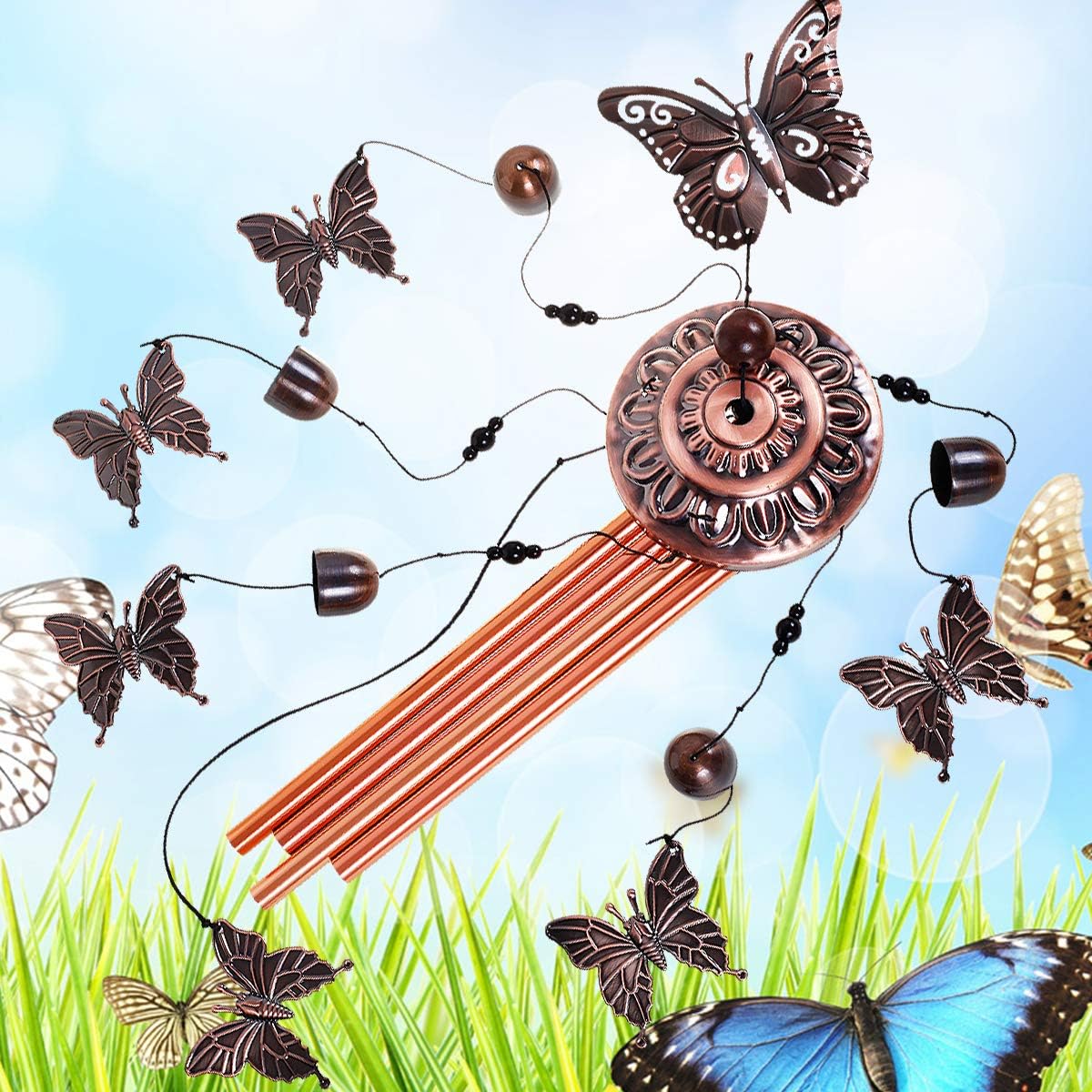 Campanillas de viento de mariposa para decoración al aire libre, con 4 tubos, 6 campanas, 7 mariposas de 36 pulgadas, impermeables, móviles,