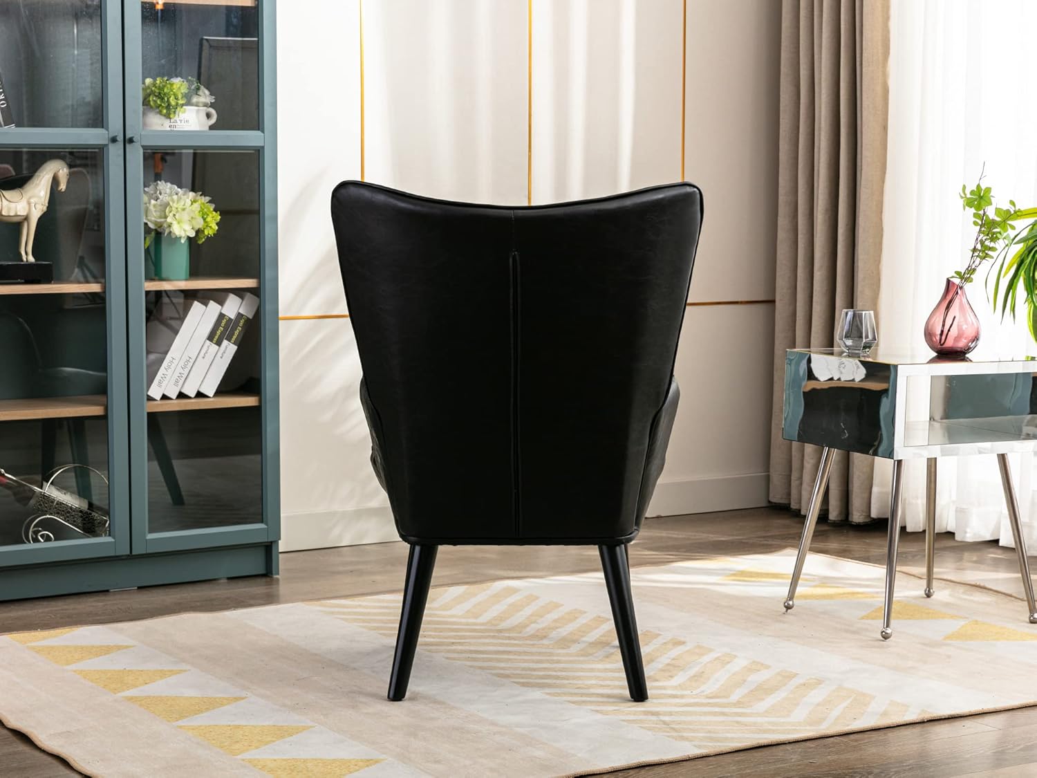 Dolonm – Silla decorativa de piel sintética moderna con botones capitoné y respaldo alto con brazos tapizados con respaldo alto y patas de madera