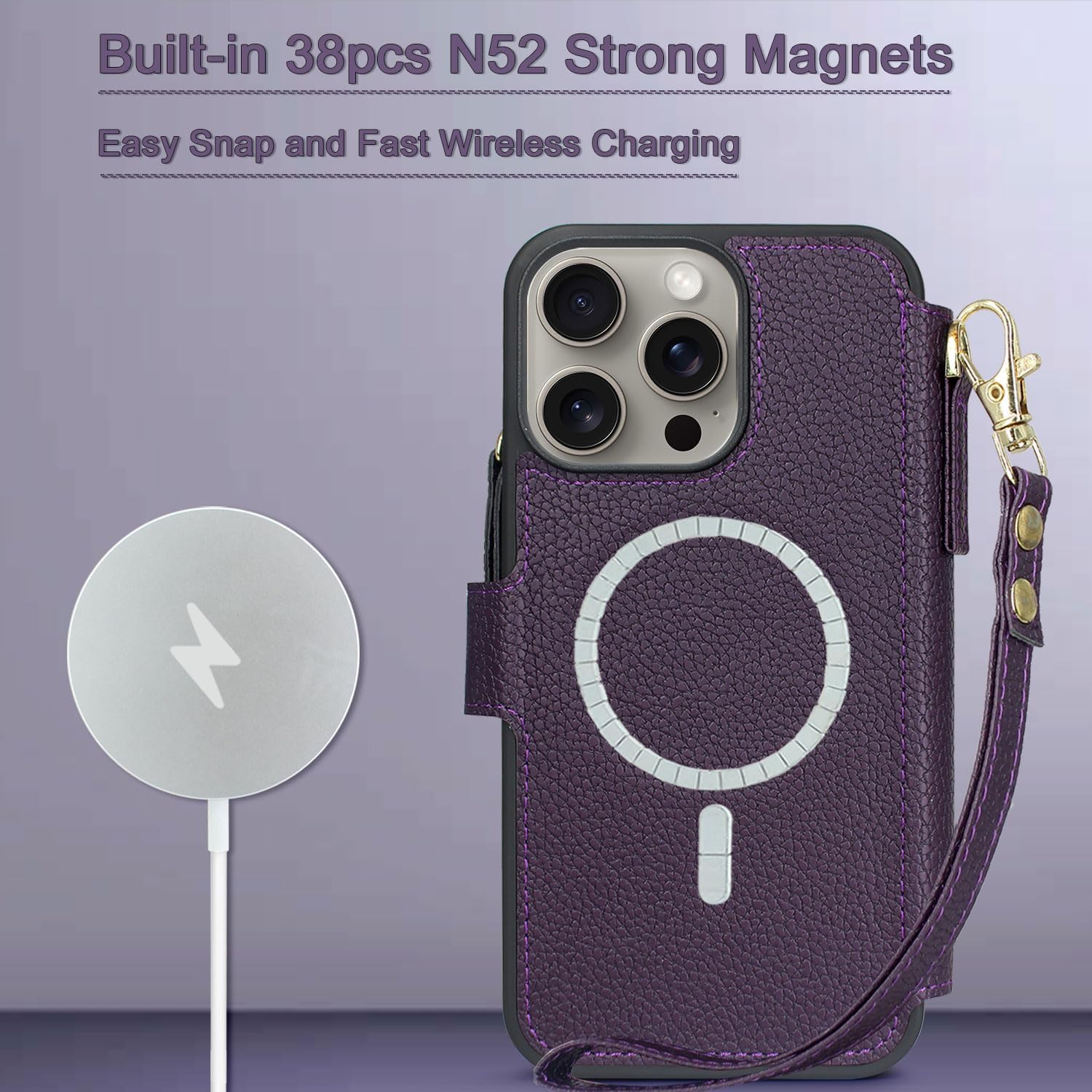 Lacass Funda compatible con MagSafe Case Wallet para iPhone 15 Pro Max de 6.7 pulgadas, 3 tarjeteros con cremallera de piel, cierre magnético,