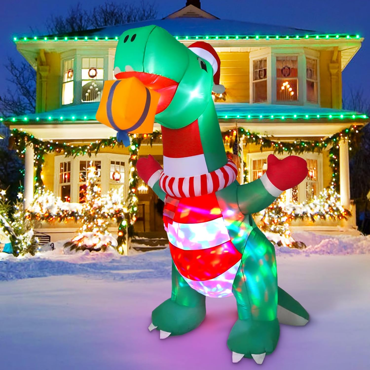 Inflables de Navidad de 8 pies para decoración al aire libre, dinosaurio inflable de Navidad, decoración de patio con sombrero de Navidad y caja de
