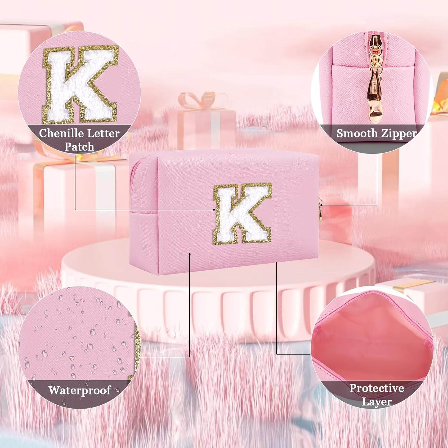 HENGNI Pequeña bolsa de maquillaje personalizada, bonita bolsa de maquillaje de piel sintética con letras de chenilla, bolsa de cosméticos de viaje,