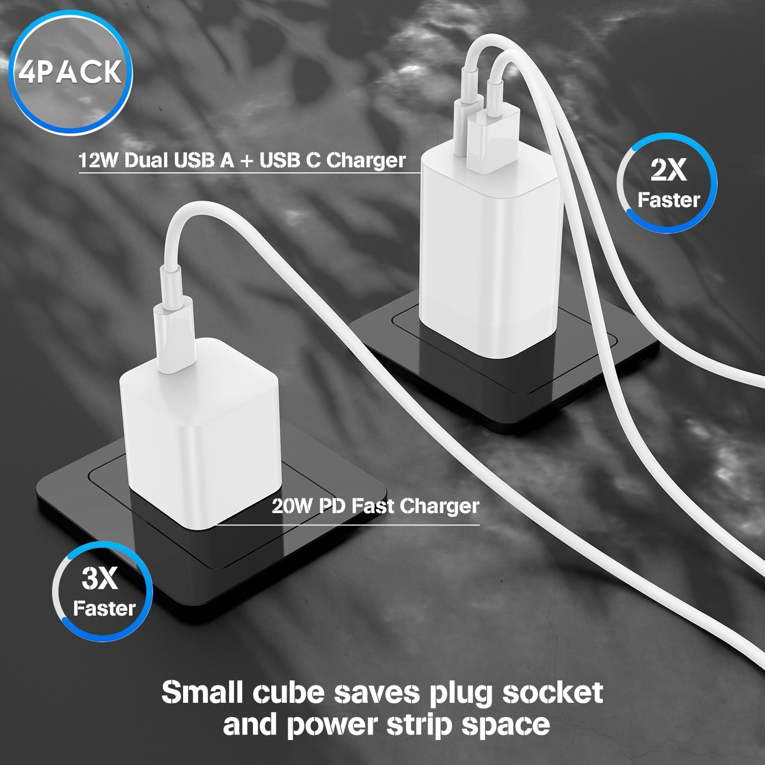 Paquete de 4 cargadores rápidos USB C 20 W PD de carga rápida de bloque de caja de cubos de enchufe y cargadores de pared dobles USB A+C de 12 W,