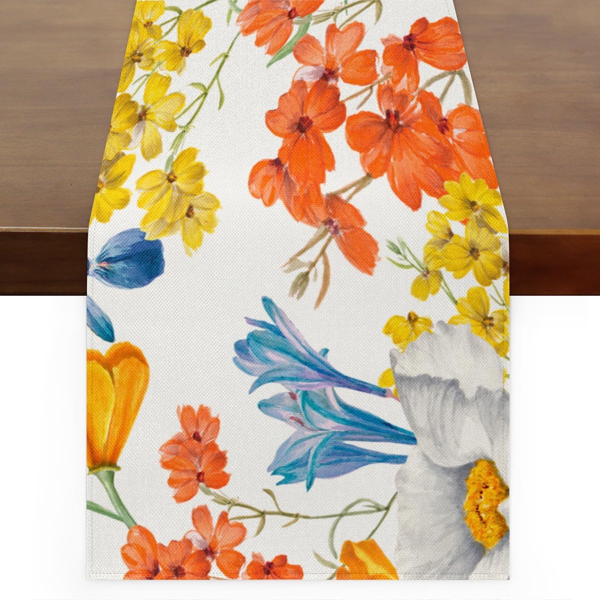 Camino de mesa con flores coloridas de acuarela, mantel de lino rústico para cocina de granja, cena, eventos, fiesta, decoración de mesa de