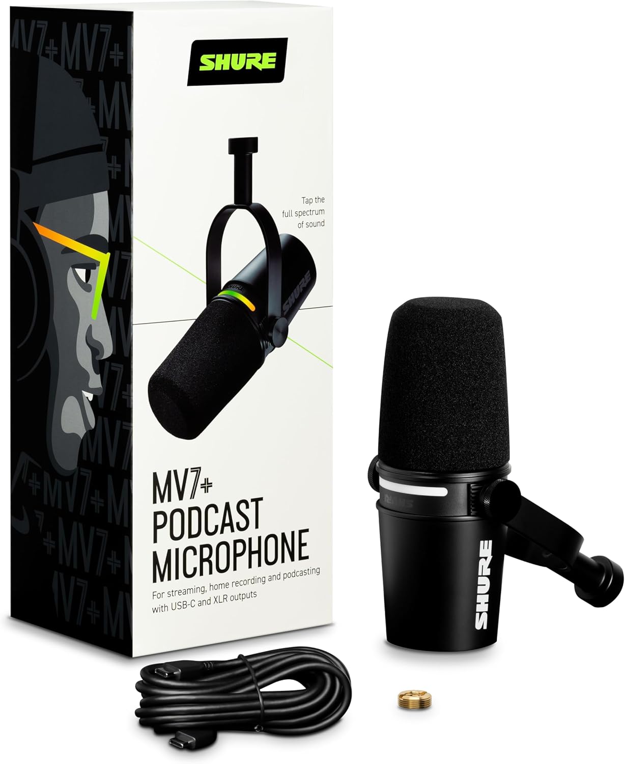 Shure MV7+ Podcast Microphone. Enhanced Audio, LED Touch Panel, USB-C & XLR Outputs, Auto Level Mode, Digital Pop Filter, Reverb Effects,