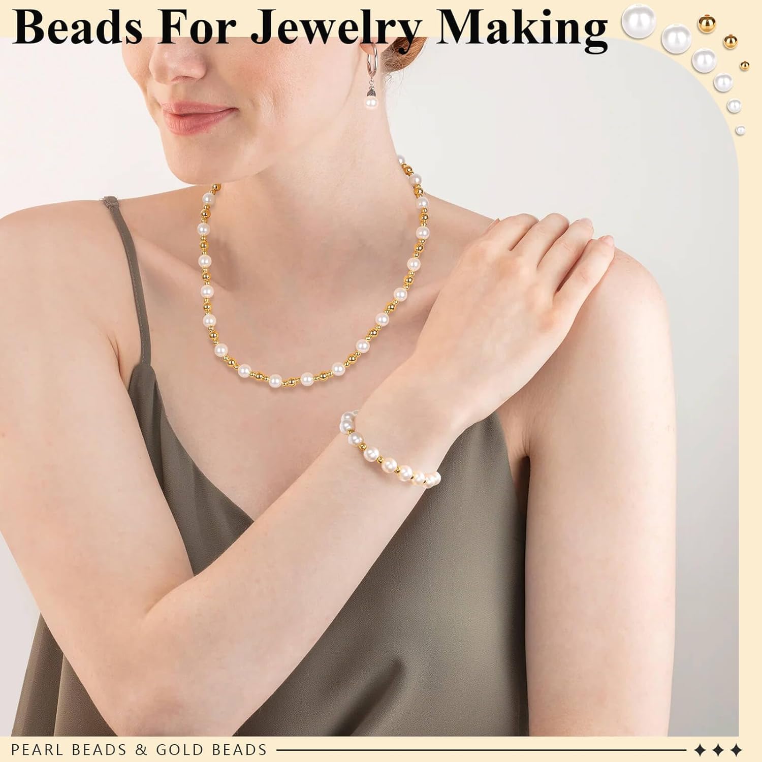 ROADPLUM 1947 cuentas de perlas para hacer joyas, cuentas blancas y doradas para manualidades con agujeros, cuentas rellenas de oro para hacer