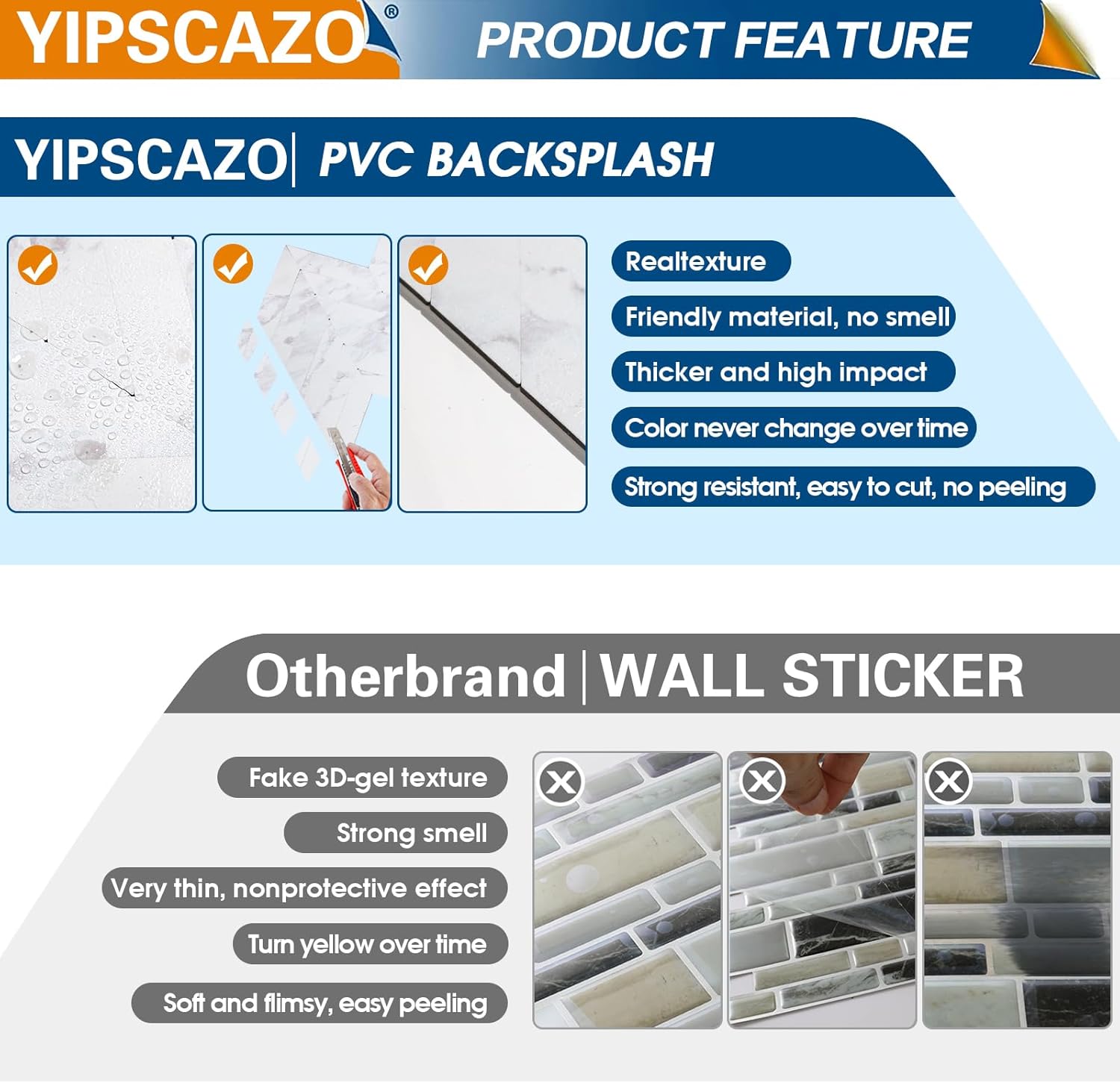 Yipscazo Protector contra salpicaduras de espiga para despegar y pegar, para cocina, baño, lavandería (12 x 12 pulgadas, 10 hojas en piedra blanca