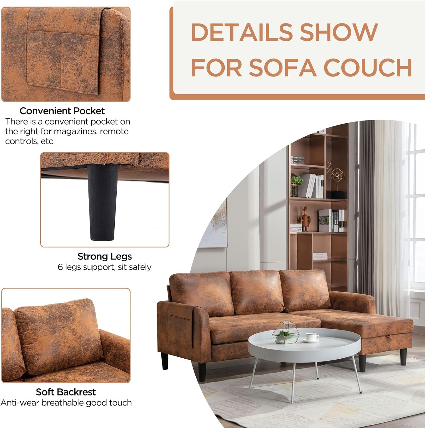 Akrenar Sofá modular reversible con almacenamiento, moderno y acogedor sofá en forma de L, sofás seccionales para sala de estar, dormitorio,