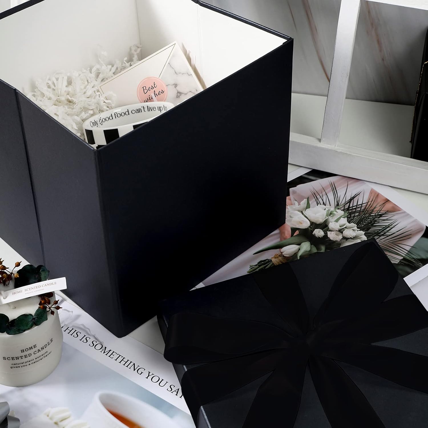 RUSPEPA Caja de regalo de cumpleaños mediana con tapas, cinta y papel de seda, caja de regalo plegable, 1 unidad, 9 x 9 x 9 pulgadas, color negro
