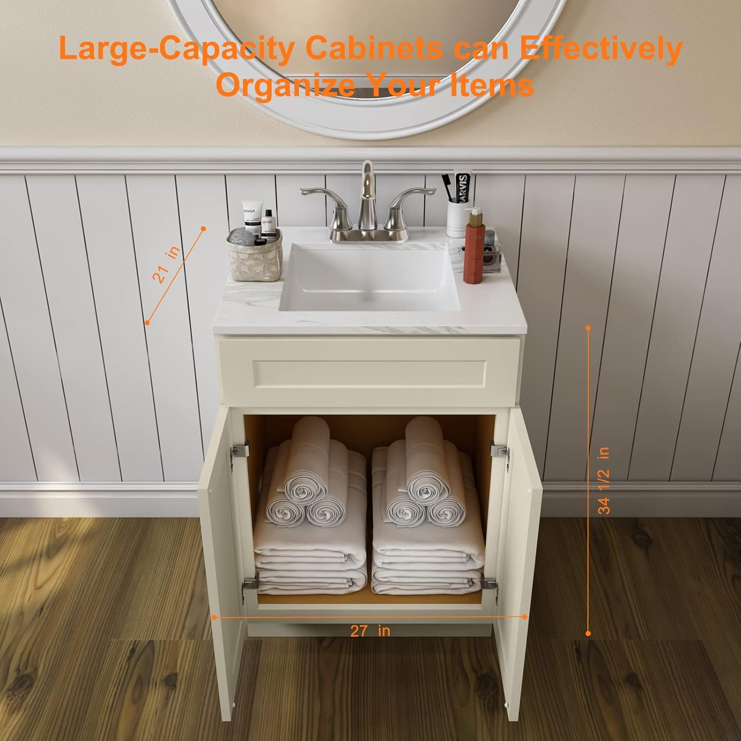 LOVMOR Gabinete de baño, 27’W, Shaker Antique White, Unidad de almacenamiento de un solo fregadero, Gabinete de almacenamiento para fregadero con