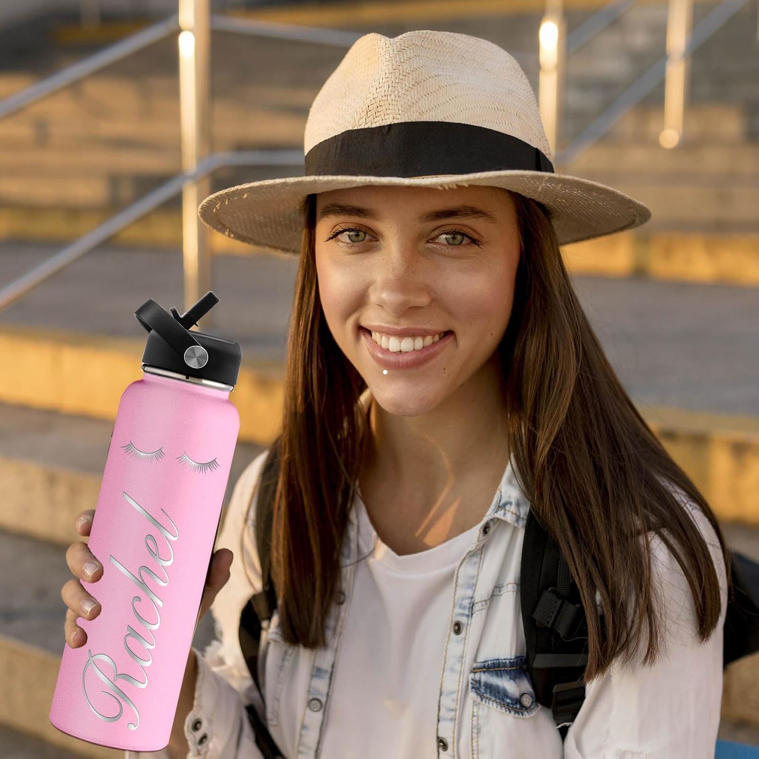 Botellas de agua personalizadas con tapa de popote para deportes, botella de agua aislada de acero inoxidable personalizada con nombre o texto,