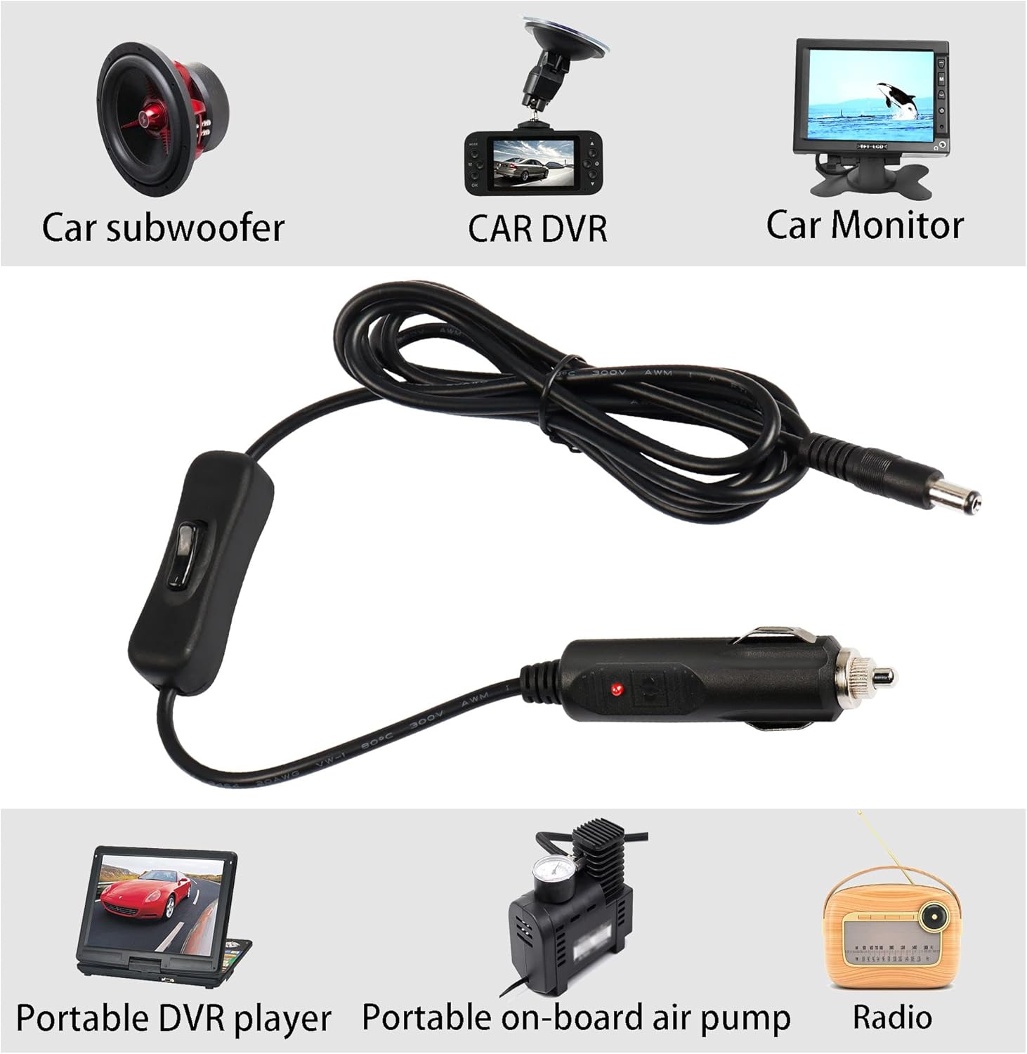 GINTOOYUN Adaptador de fuente de alimentación de extensión de encendedor de cigarrillos de automóvil de 12 V 24 V DC5521 con interruptor 304,