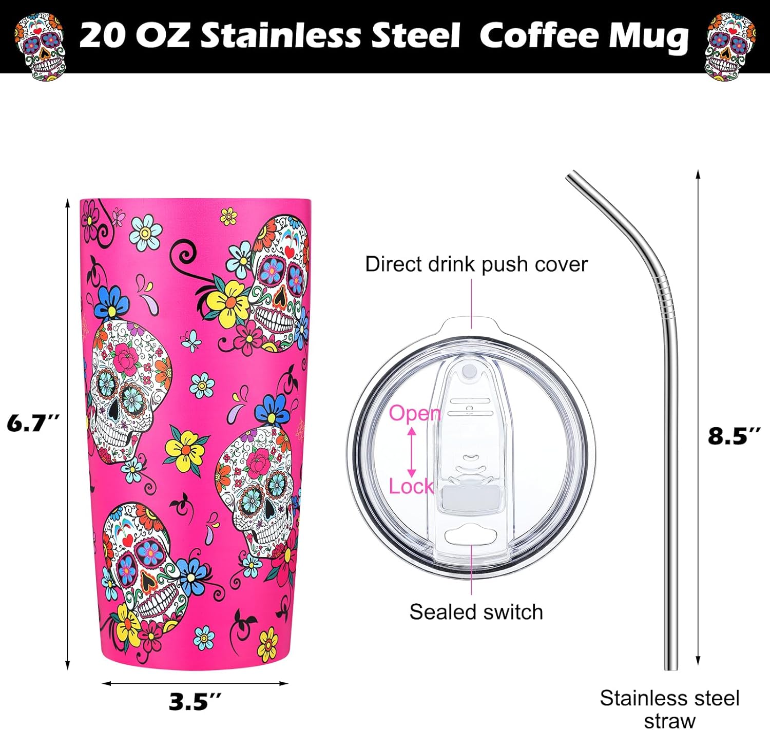 4 vasos de café de calavera de azúcar con tapas y pajitas, tazas de calaveras de 20 onzas, tazas de acero inoxidable con aislamiento al vacío, tazas