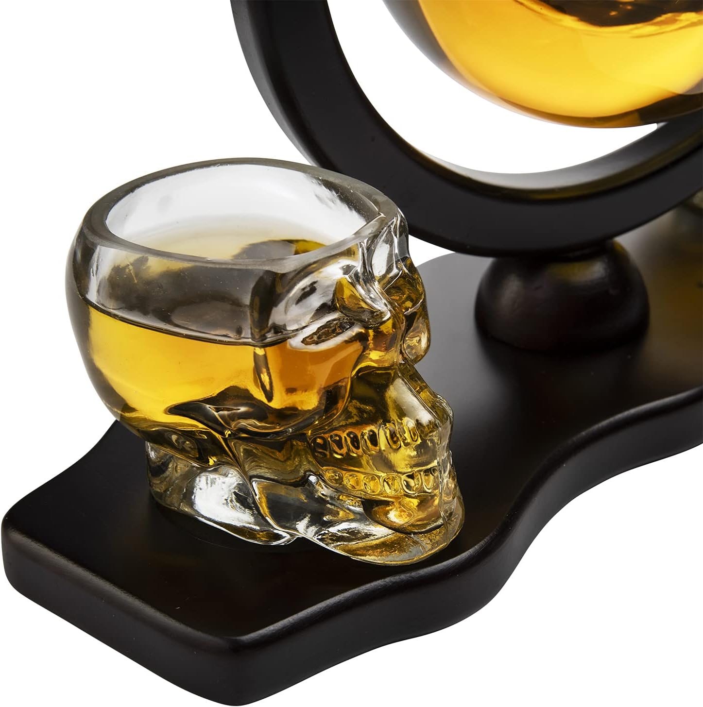 Juego de decantadores de calavera de esqueleto para vino y whisky, 28.7 fl oz con 2 vasos de chupito de esqueletos de 3 onzas con base de madera de