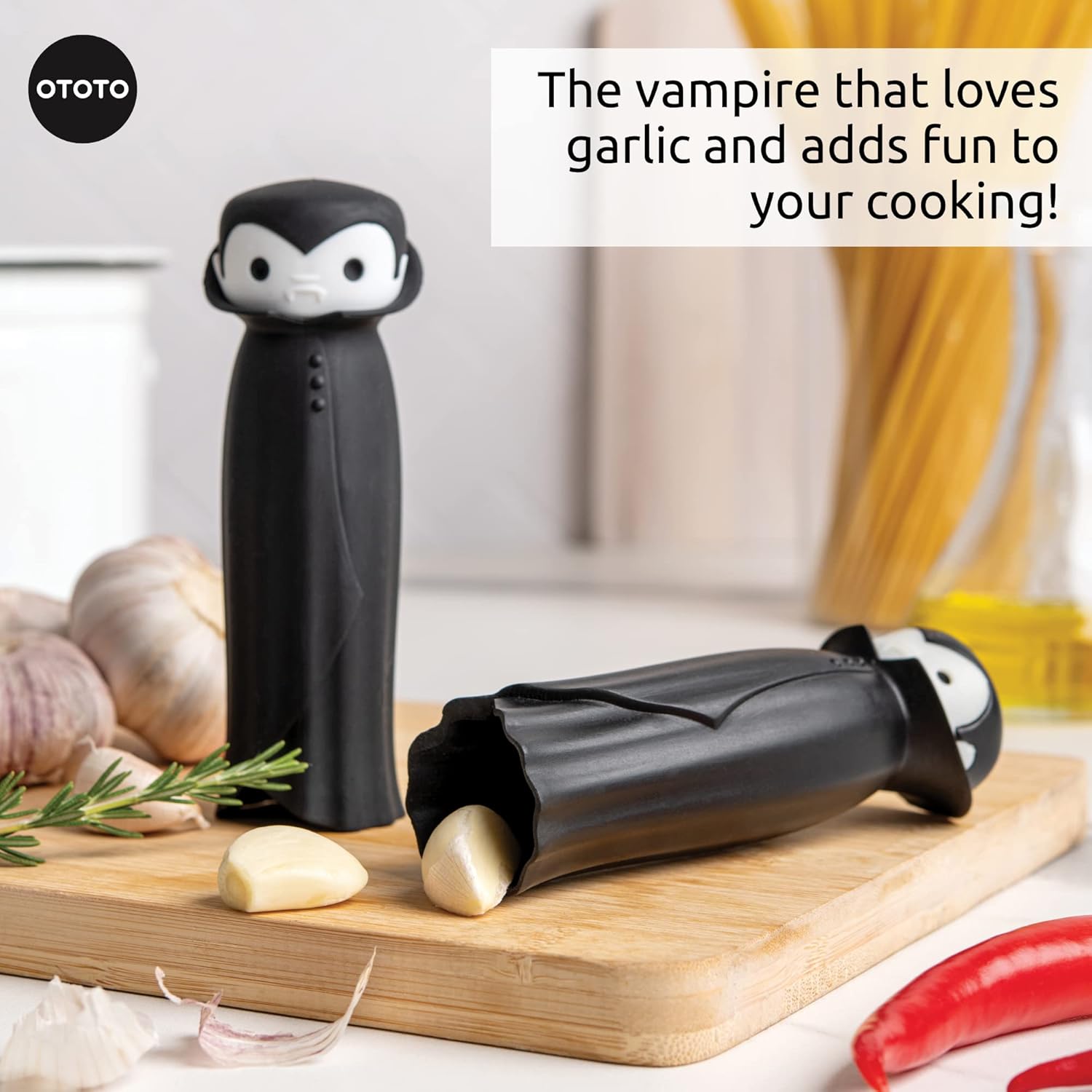 OTOTO Drac N’ Roll Vampire – Rodillo de ajo, tubo pelador de ajo de silicona, rodillo de tubo de silicona para Halloween, accesorio de cocina para
