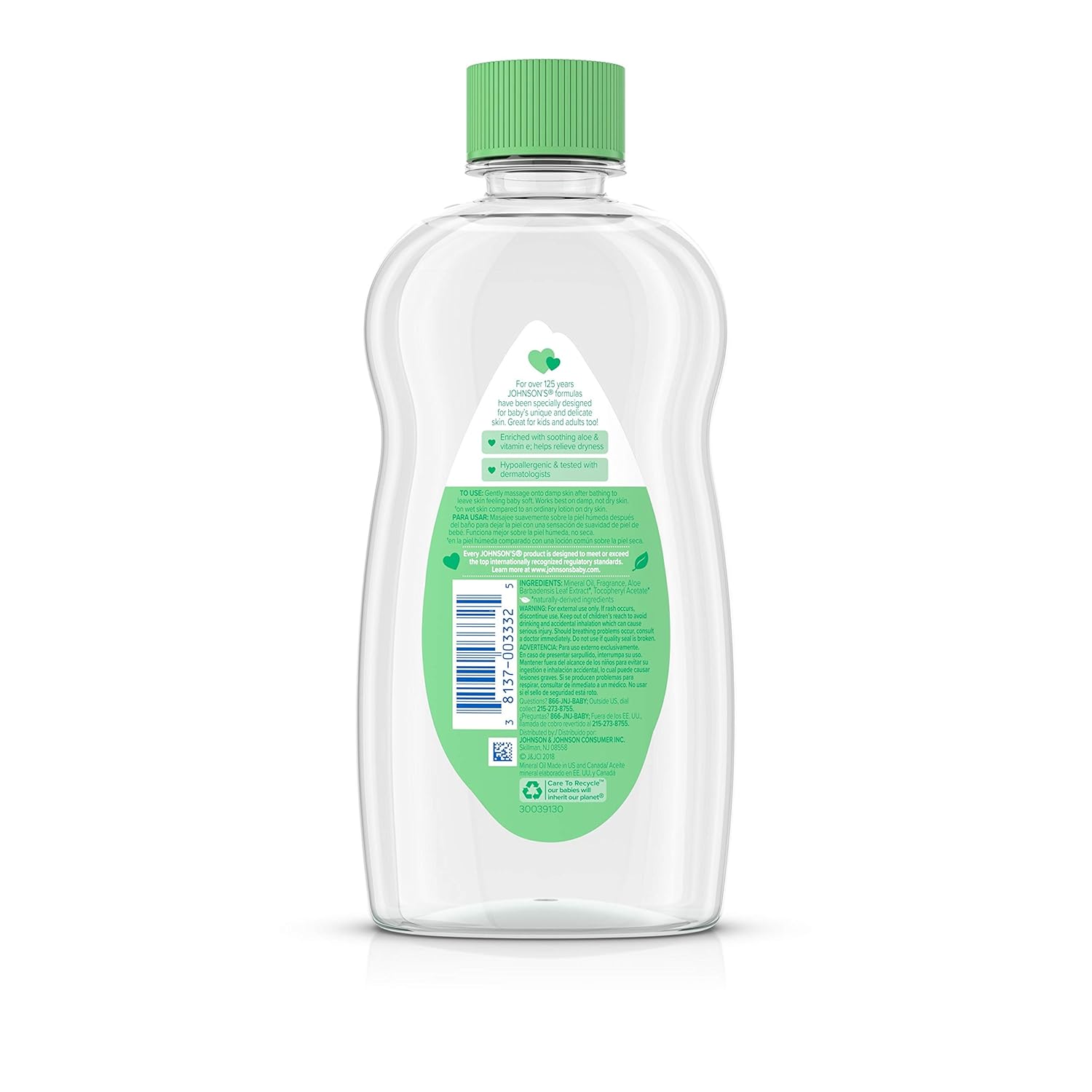Johnson’s Baby Aceite, aceite mineral enriquecido con aloe vera y vitamina E para evitar la pérdida de humedad, hipoalergénico, 14 onzas líquidas