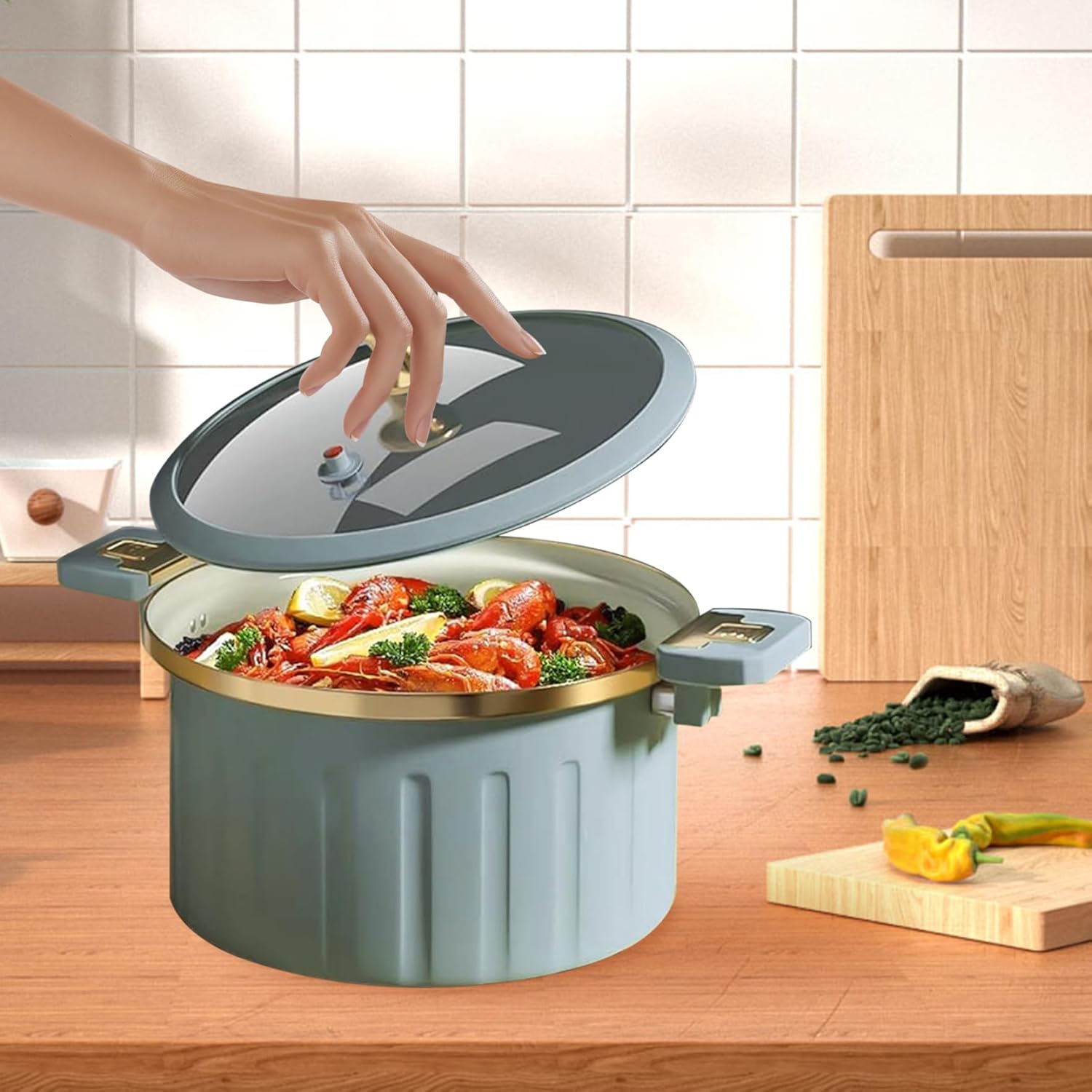 Micro olla a presión Revestimiento de esmalte antiadherente 8L Push Pull Lock Presión Pot con tapa Sello de silicona Válvula a prueba de derrames