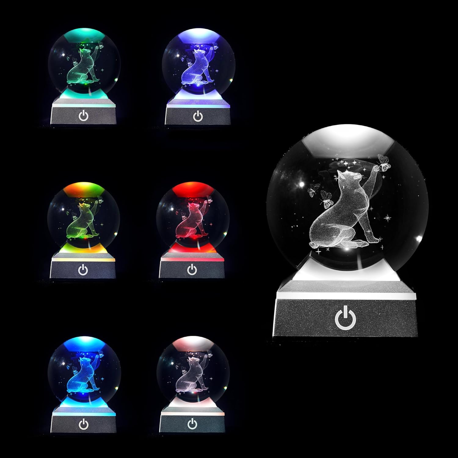 ZEERSHEE Gato grabado con láser de vidrio 3D de 3.150 in con bola de cristal de mariposa con base LED, luz nocturna de gato, pisapapeles para