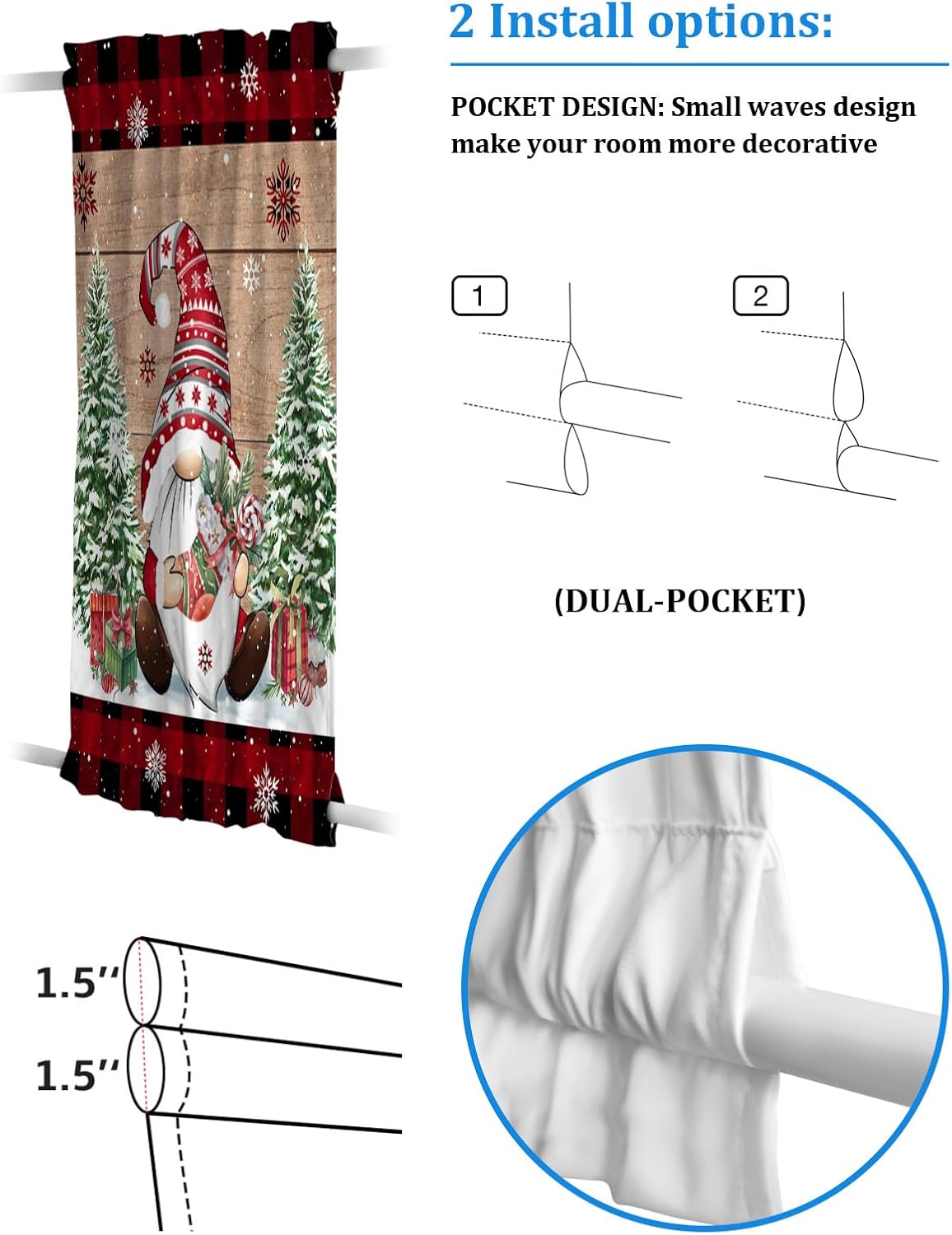 Cortinas de puerta francesa de Navidad para ventana de puerta, panel de cortina con bolsillo para barra con alzapaños para luz lateral delantera y