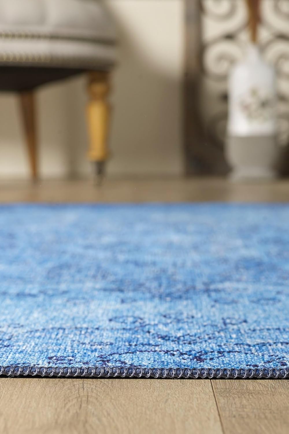 Woolknot ENC1092 – Alfombra vintage azul para sala de estar, alfombra floral, turquesa, pequeña, lavable, bohemio, alfombra estampada envejecida con