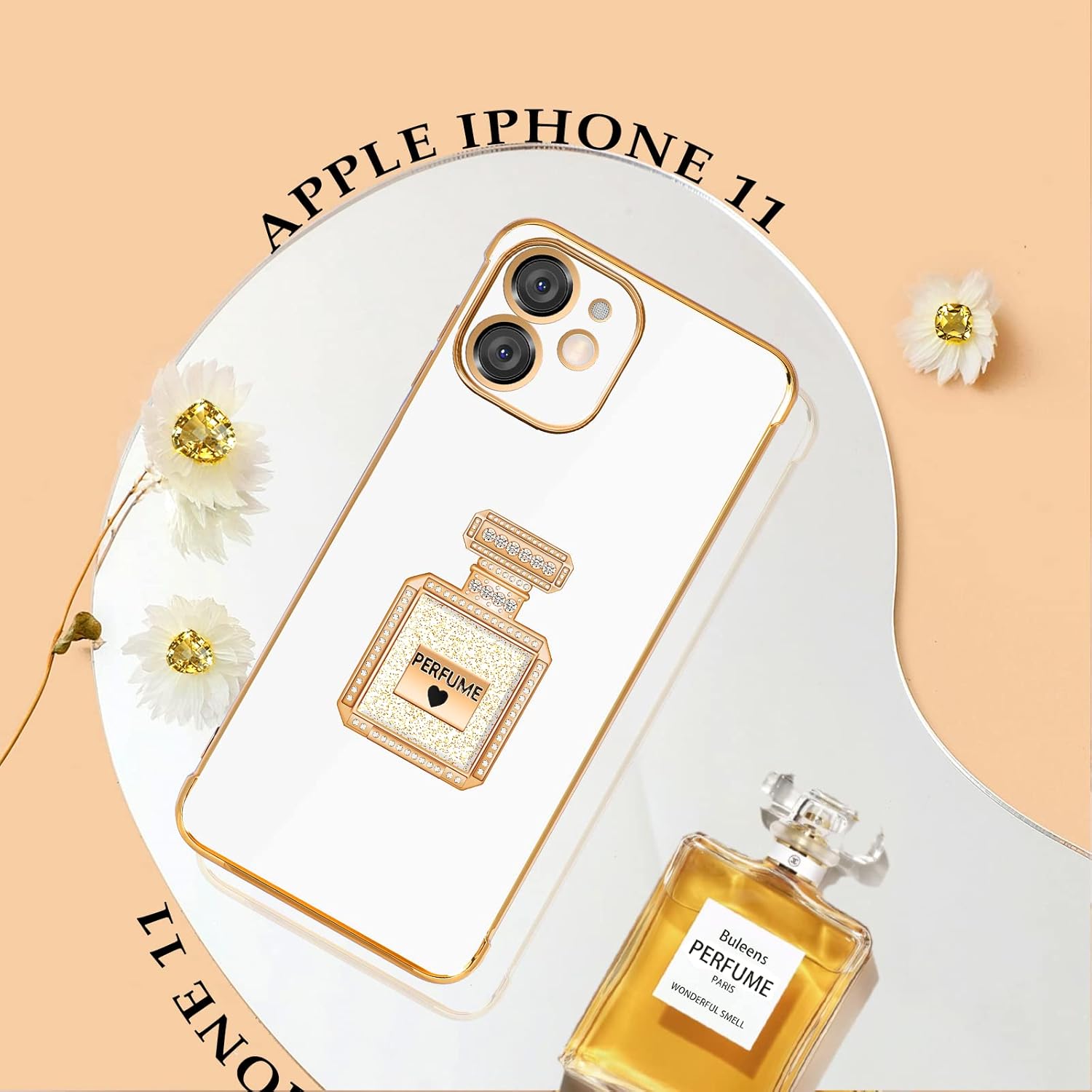 Buleens Funda para iPhone 11 con soporte de espejo de botella de perfume de metal, bonitas fundas de corazón femenino para iPhone 11, elegante funda