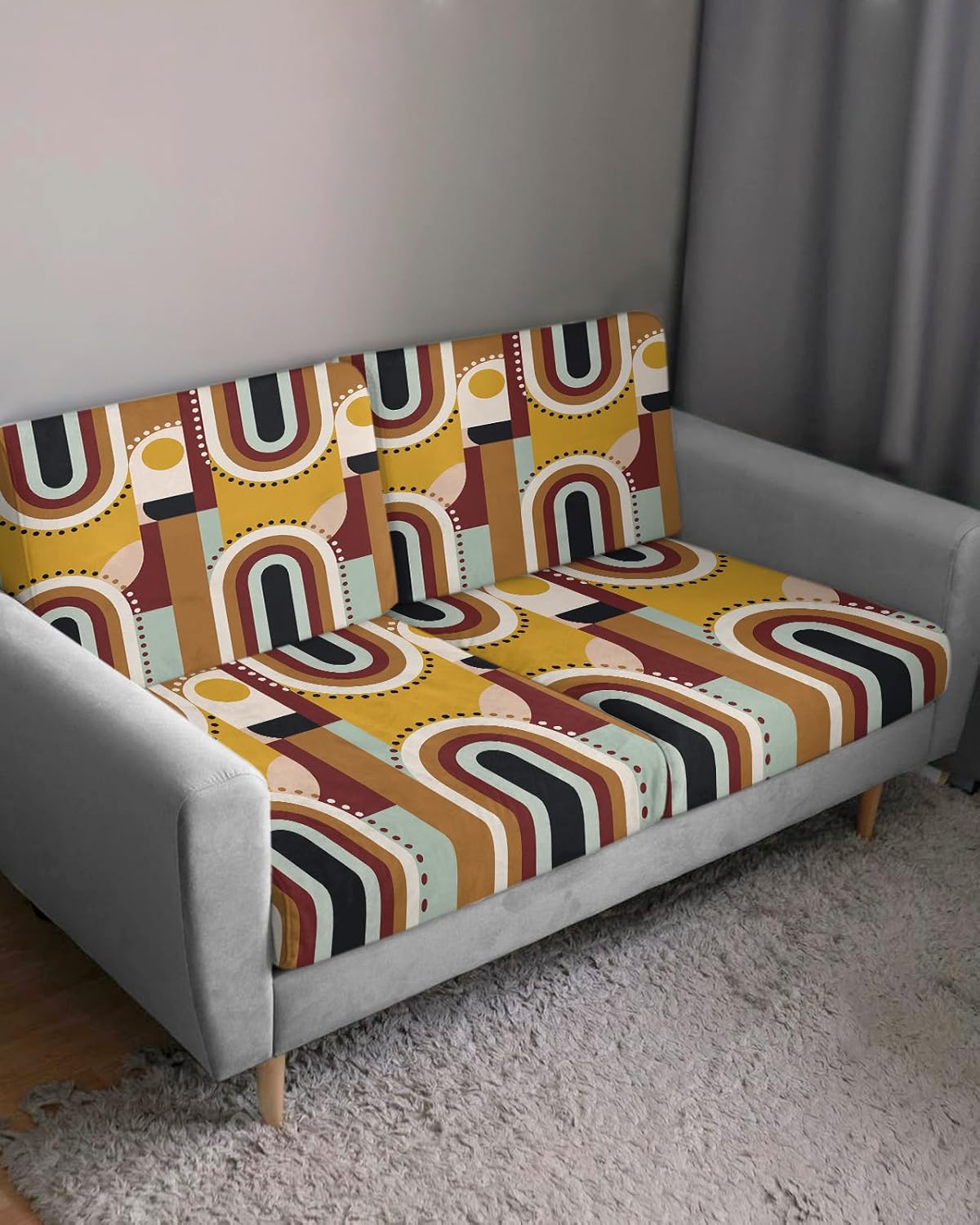 Fundas de cojín para sofá, fundas elásticas para sofá, diseño geométrico moderno de mediados de siglo, diseño abstracto rojo ladrillo, fundas
