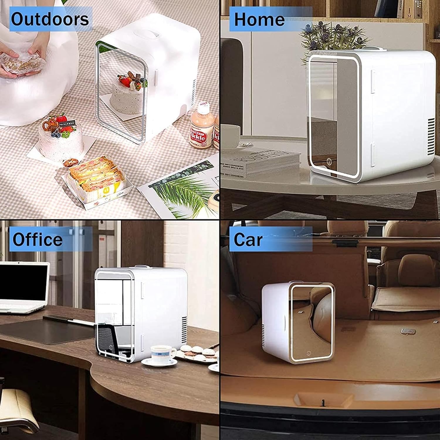 ROLTIN Mini refrigerador con luces LED, con espejo LED, mini refrigerador de maquillaje de capacidad de 8 litros, caliente y frío, refrigerador de