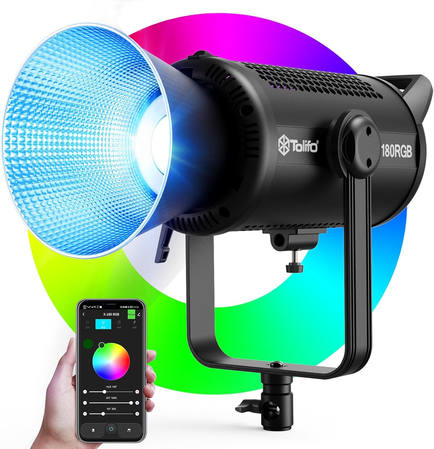 Tolifo Luz de video LED RGB X-180 con control de 2.4GAPP, iluminación de salida continua COB RGB de 180 W Montaje Bowens 22766Lux3.3 ft 2700K-6500K