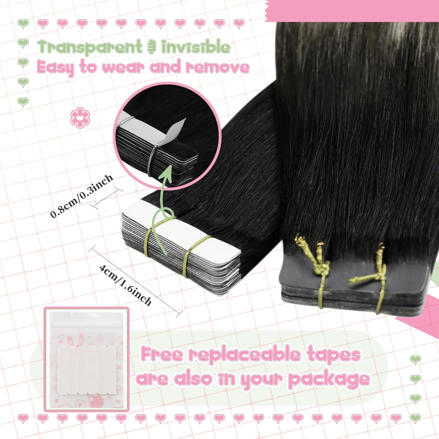 YoungSee Extensiones de cabello con cinta color negro, degradado, gris, plateado, balayage, extensiones de cabello humano real, color negro, sin