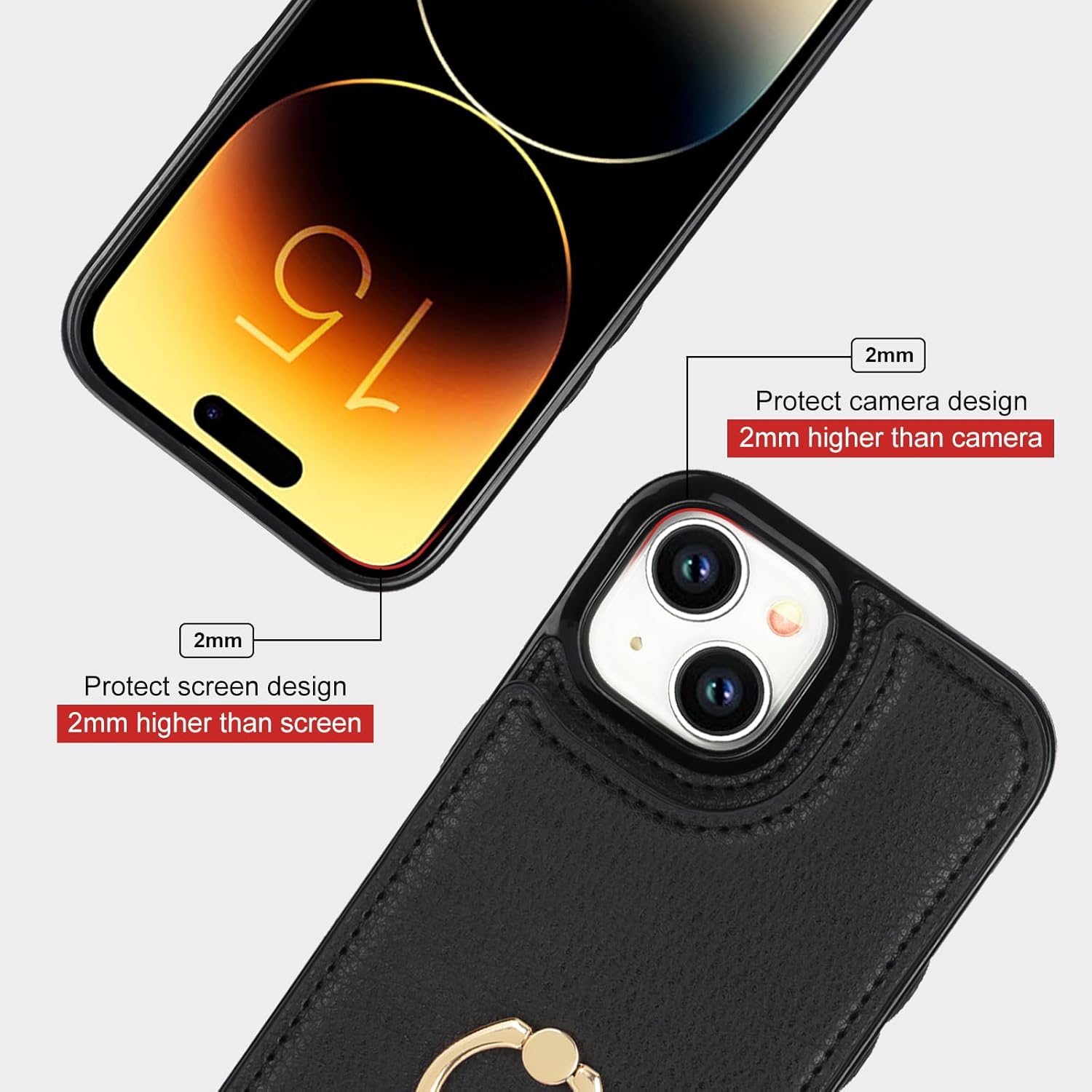 Folosu Funda compatible con iPhone 15 con soporte para tarjetas, rotación de 360, soporte de anillo de dedo con función atril, bloqueo RFID, doble