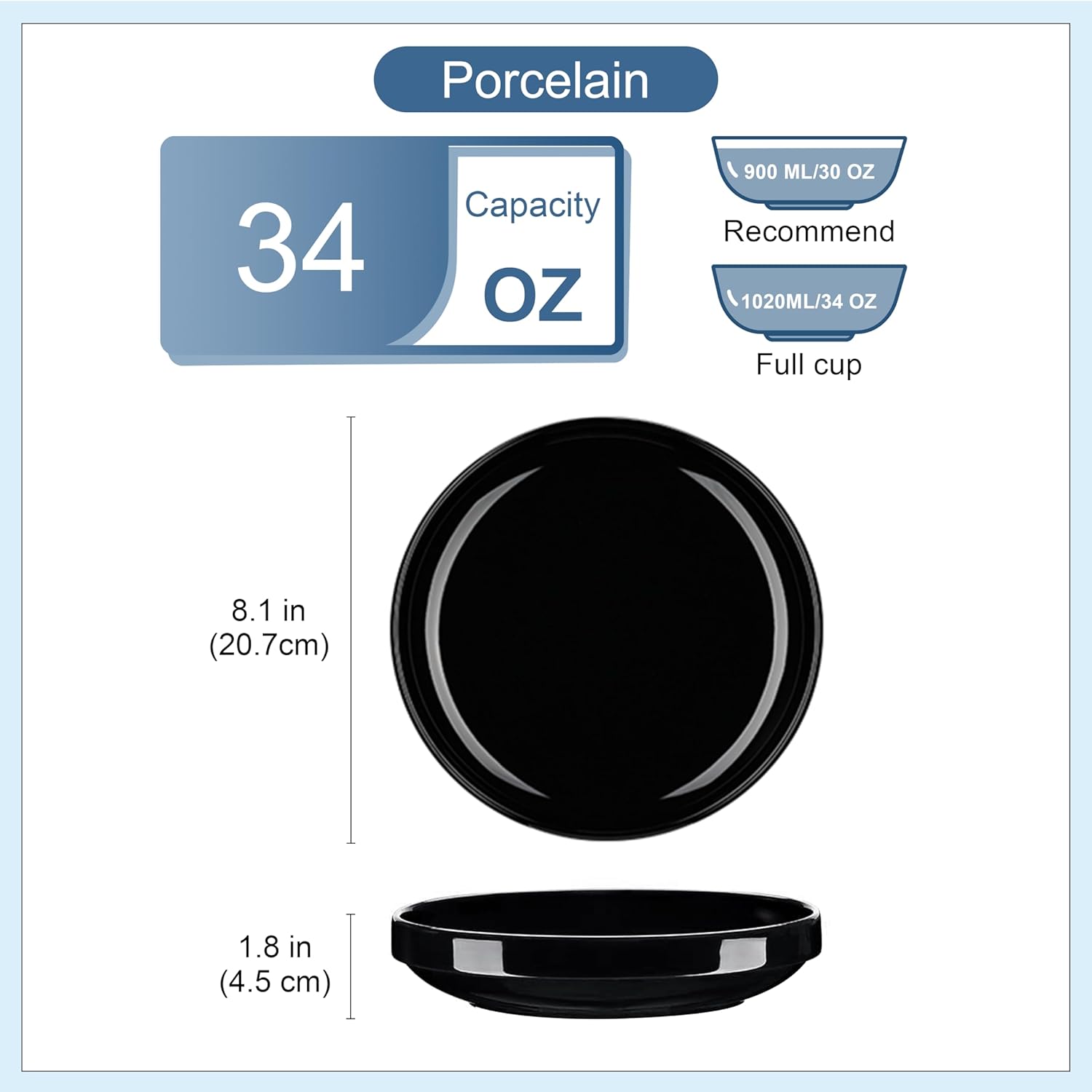 LOVECASA Tazones para pasta, 34 onzas, juego de 4 cuencos de ensalada, platos de cerámica de 8.1 pulgadas para cocina, cena, sopa, microondas,