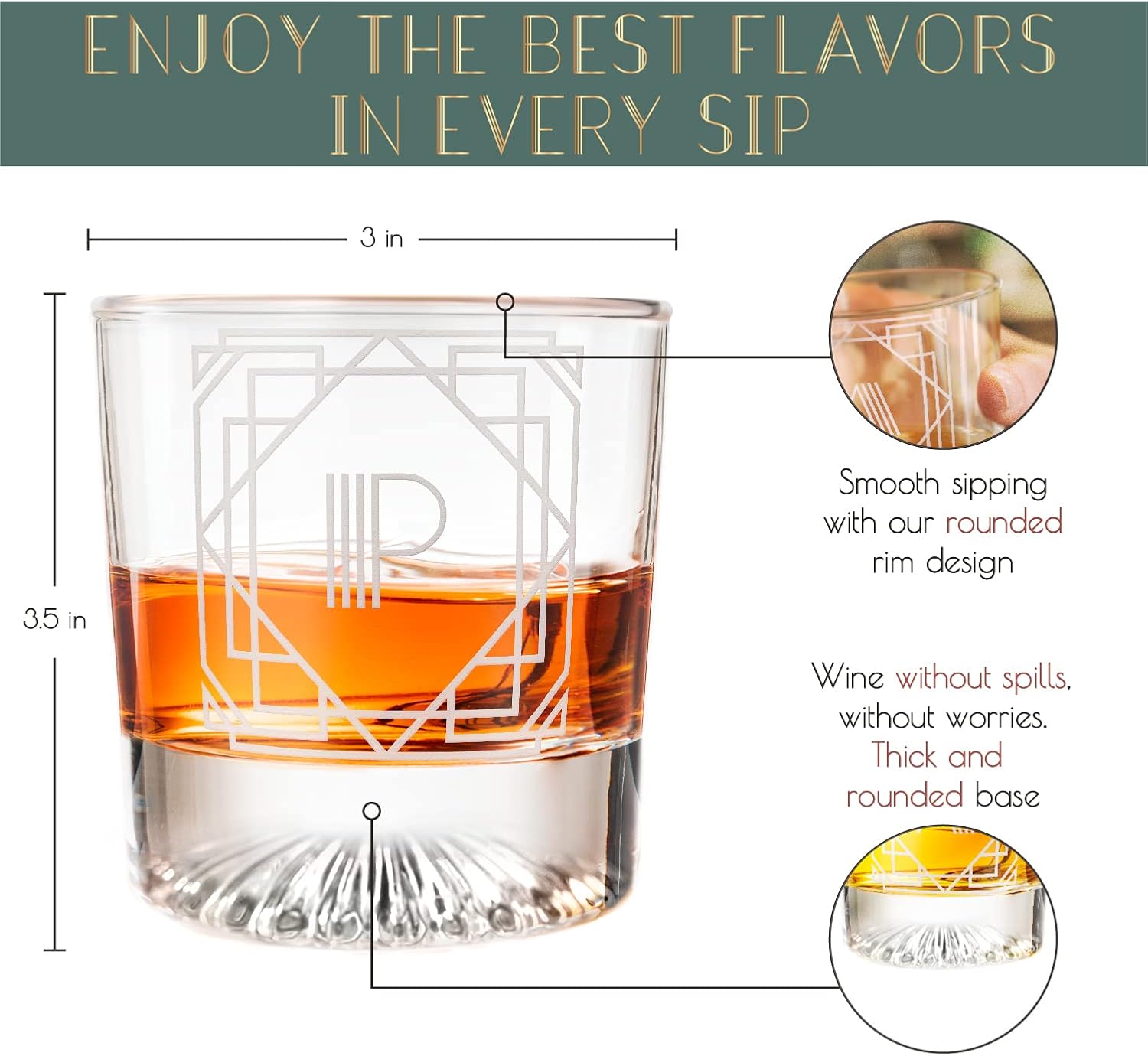 Greenline Goods – Monograma Art Deco Letra P Grabada Copa de whisky Perfecto para Bourbon, Scotch, Licor, Cóctel – Juego de 4 vasos de whisky de