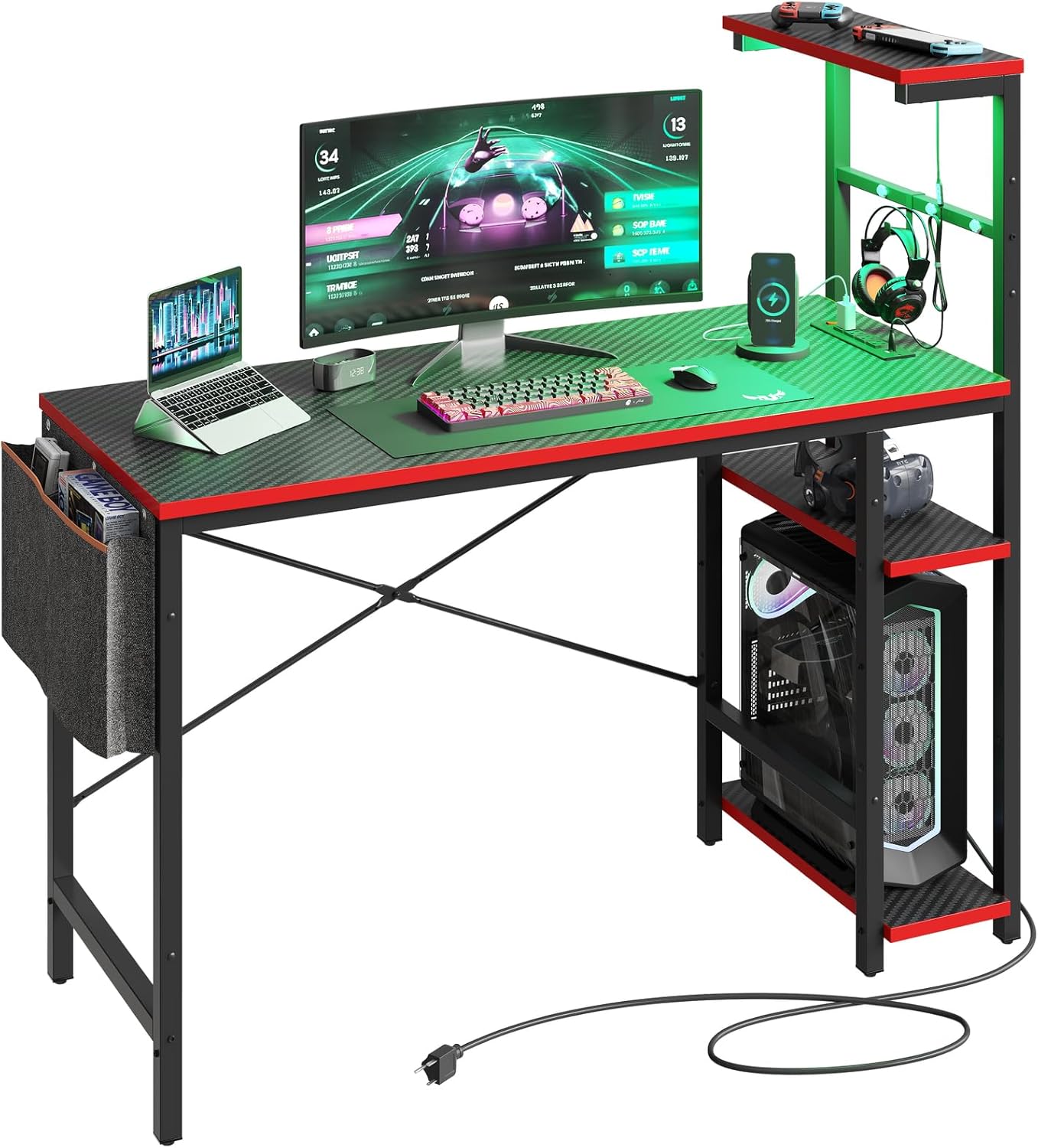 Bestier Escritorio para juegos con tomas de corriente, escritorio LED de 44 pulgadas con estantes reversibles de 4 niveles, mesa de juegos de PC con