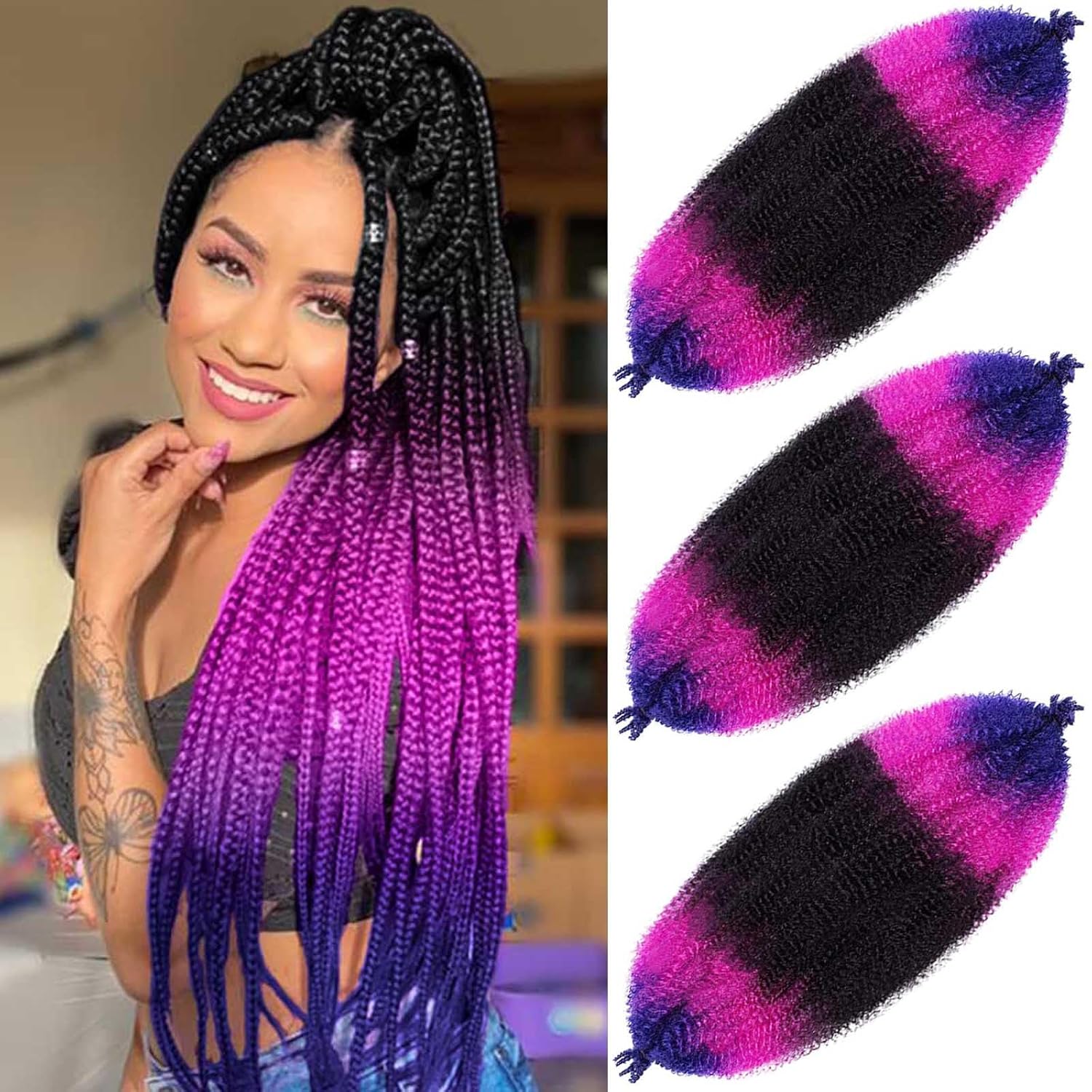 Cabello afro Twist de 24 pulgadas, negro, morado, azul, 3 paquetes de extensiones de cabello trenzado con resorte afro elástico (24 pulgadas, 3