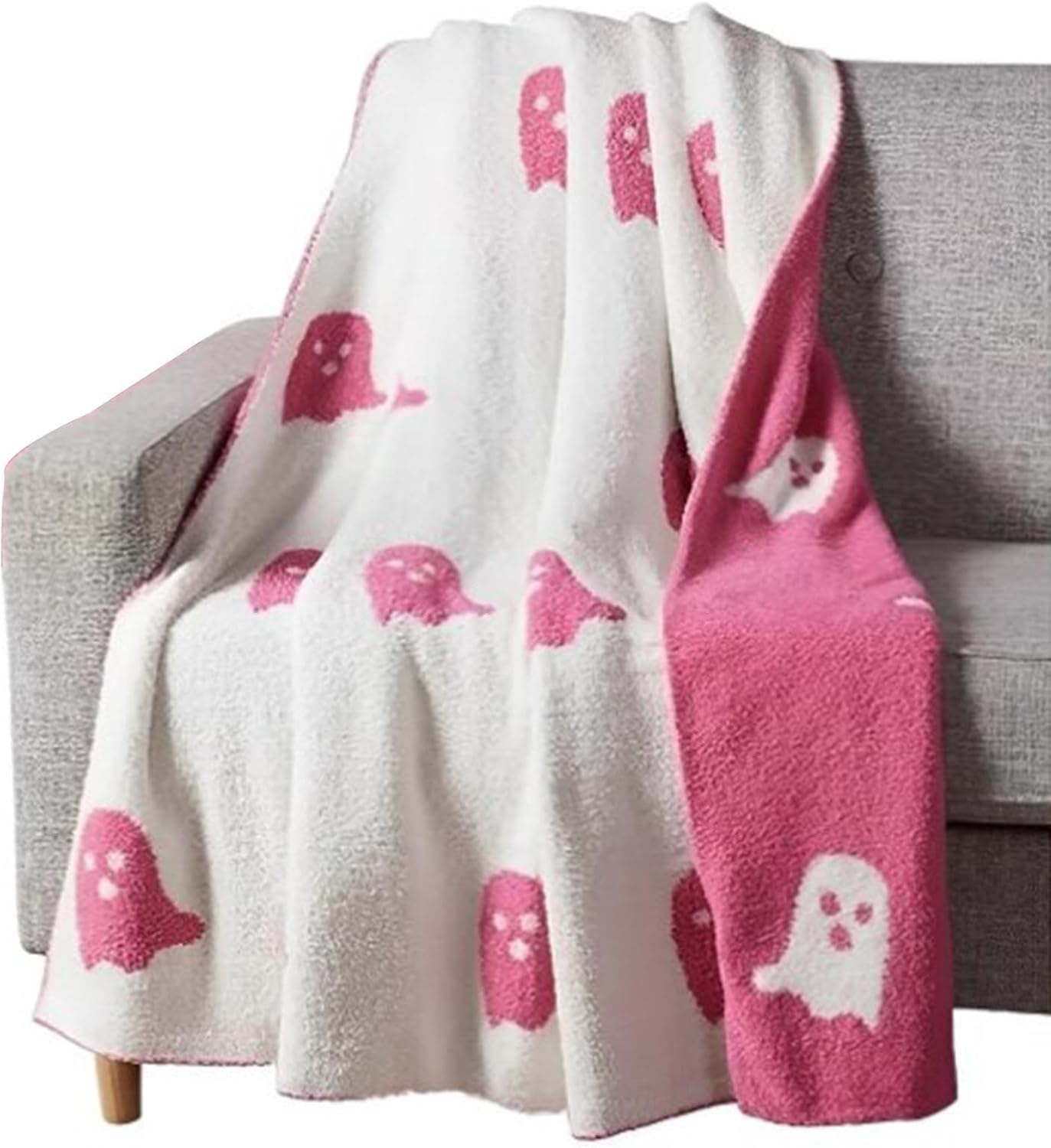 Manta de fantasma rosa de Halloween, 2023 de franela, reversible, lindas mantas y mantas de Halloween para dormitorio, cama, sala de estar, sofá (59