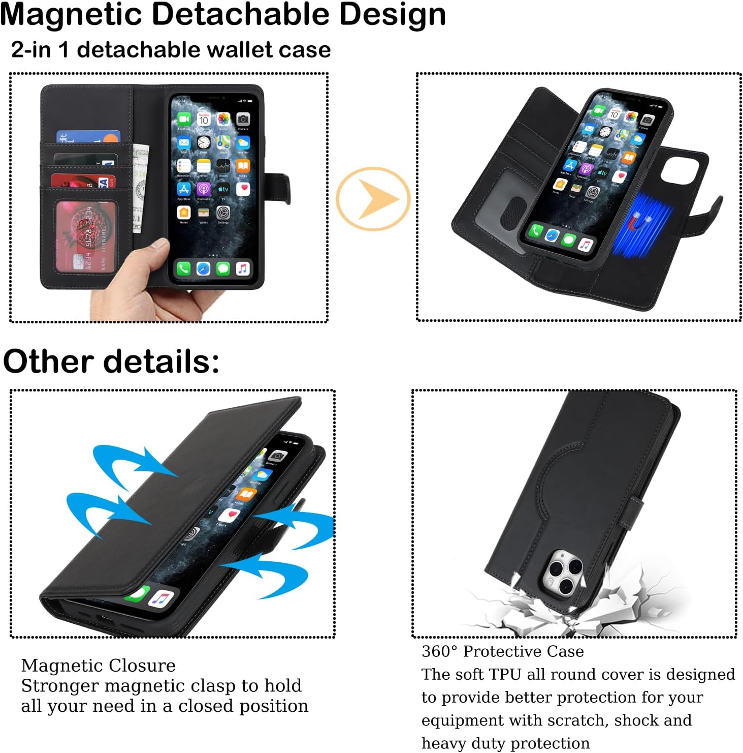 Havaya Magsafe – Funda tipo cartera para iPhone 11 Pro Max, compatible con iPhone 11 Pro Max, con tarjetero, funda desmontable de cuero magnético,