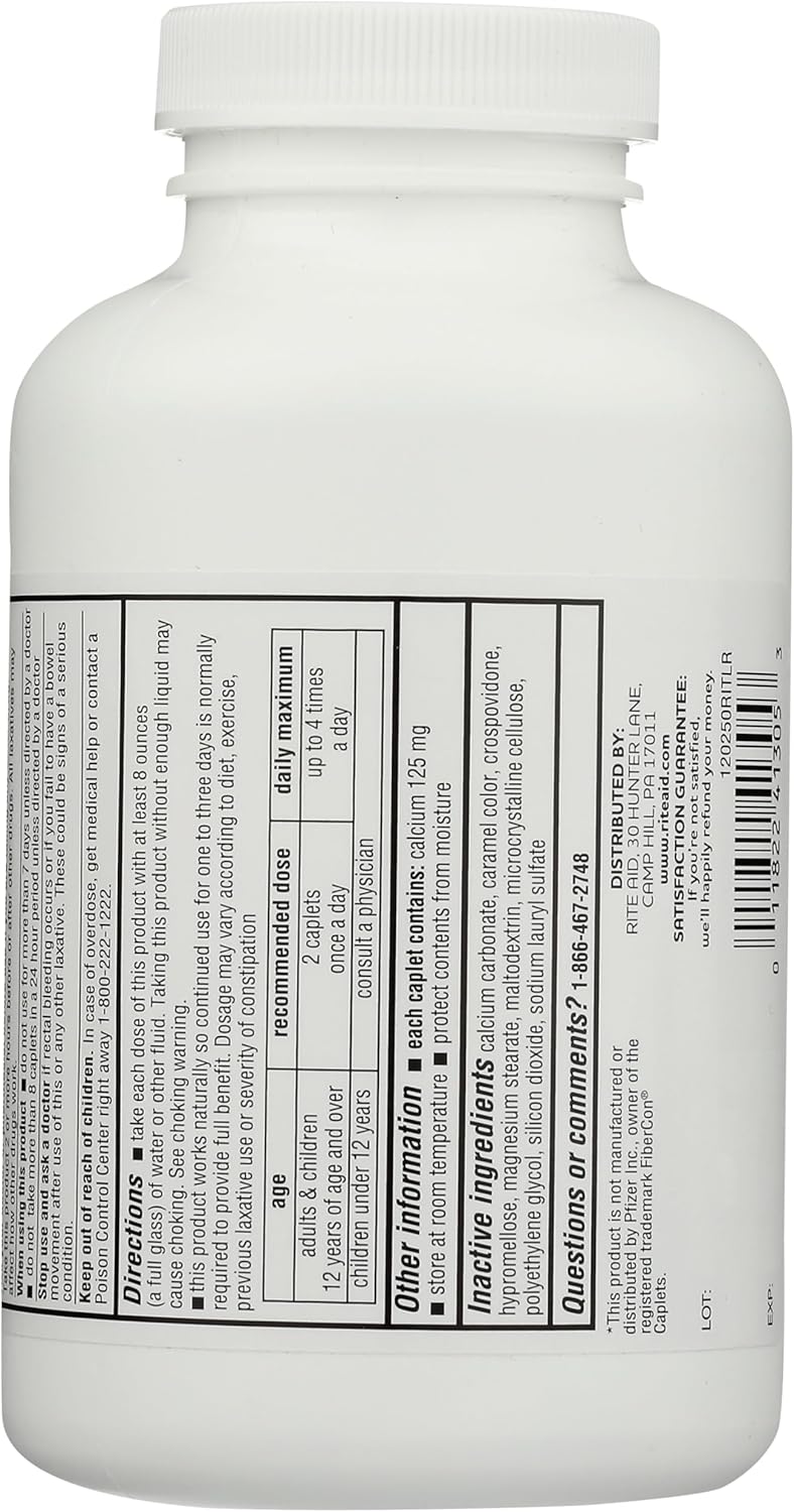 Rite Aid Cápsulas de terapia de fibra, policarbofilo de calcio 625 mg – 250 unidades, laxantes para estreñimiento, píldoras de fibra para adultos