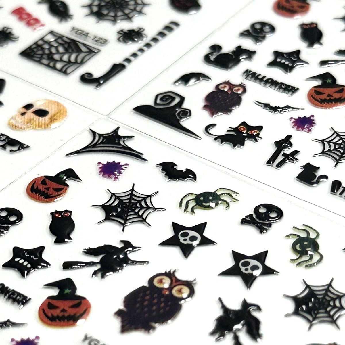 24 hojas de calcomanías de uñas de Halloween, calabaza, fantasma, cara, calcomanías de uñas autoadhesivas 3D, tela de araña, gato, murciélago,