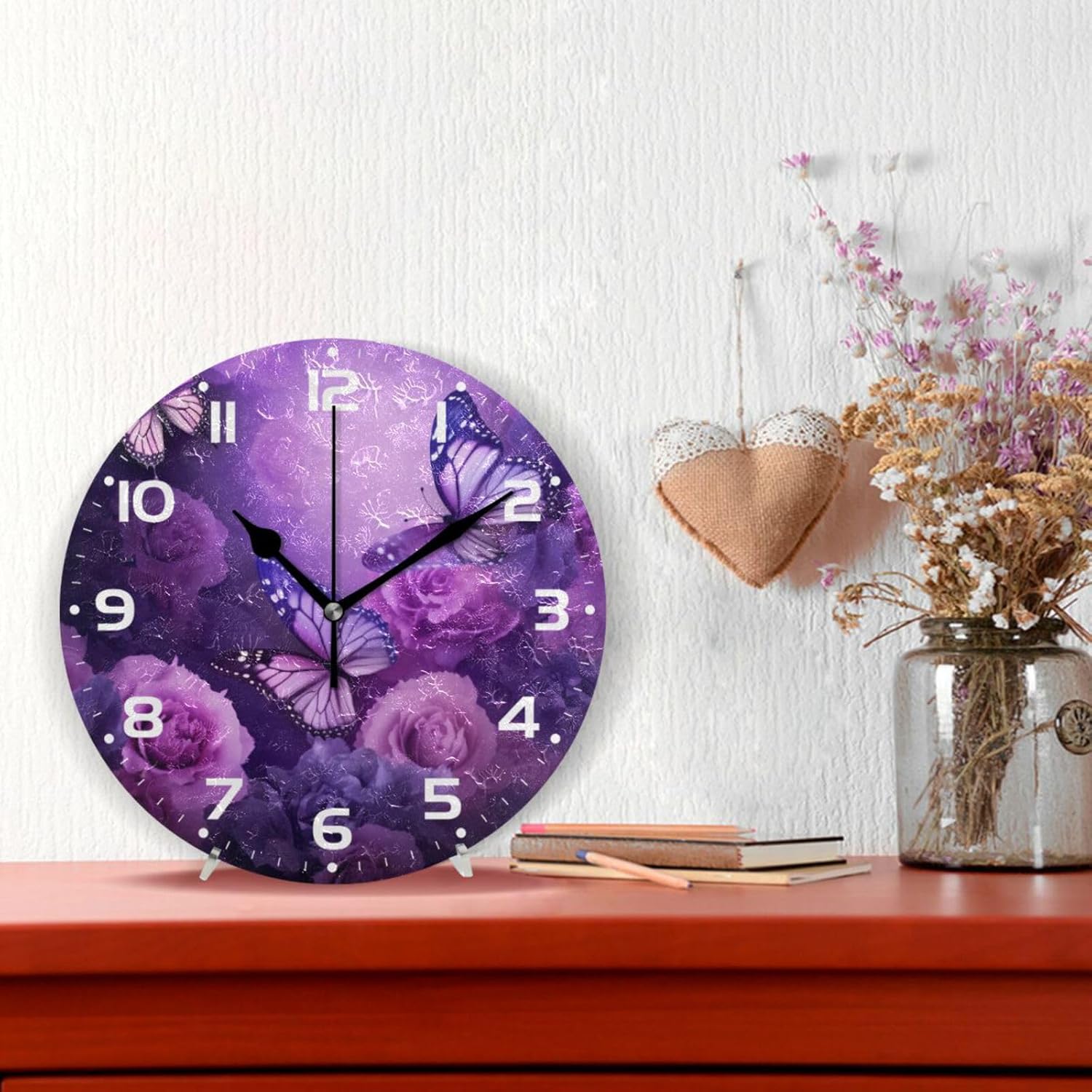 Reloj de pared de mariposa morado, silencioso sin tictac, funciona con pilas, reloj redondo decorativo creativo para cocina, sala de estar, baño,
