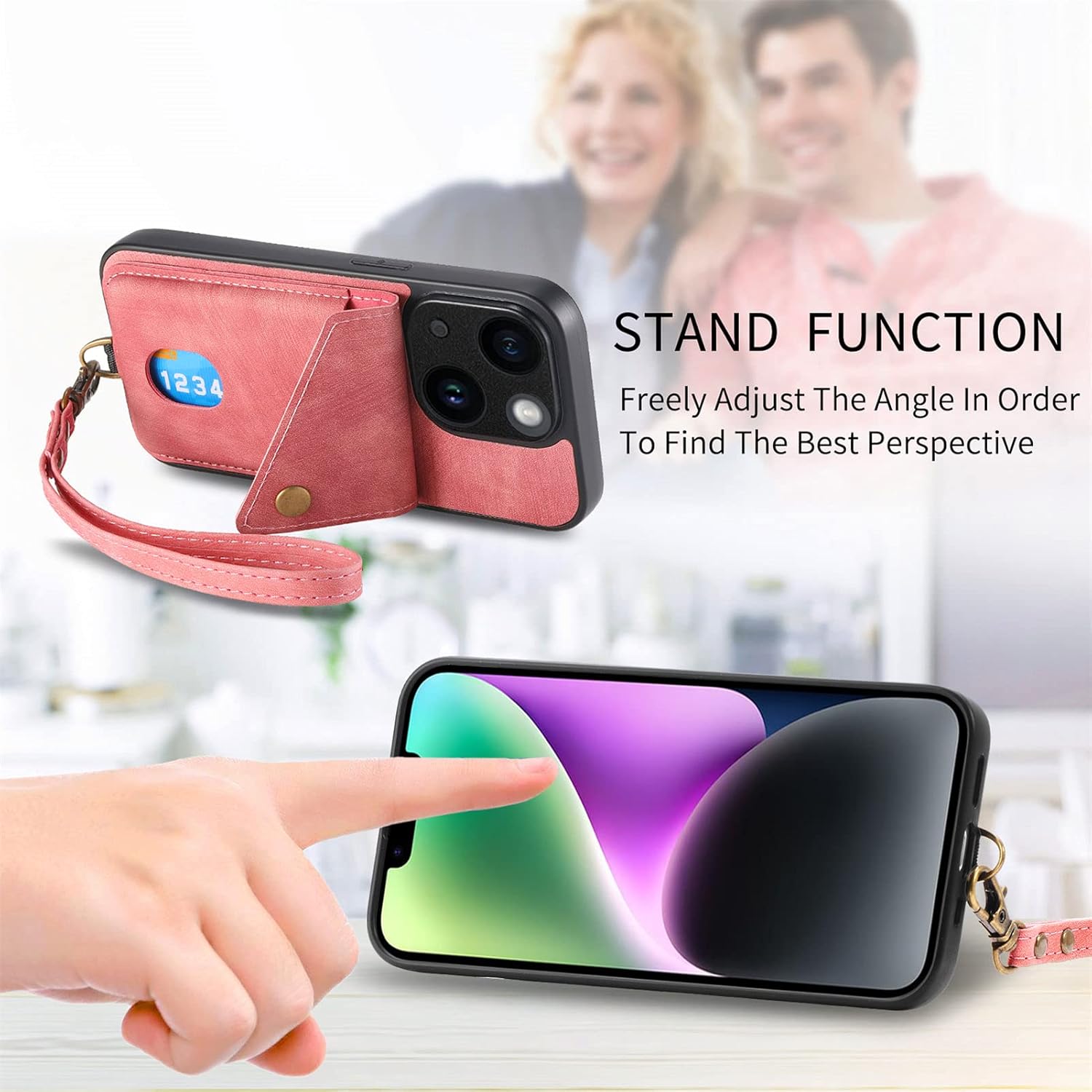Asuwish Funda de teléfono para iPhone 14 de 6.1 pulgadas con protector de pantalla de vidrio templado y correa para la muñeca, soporte para tarjeta