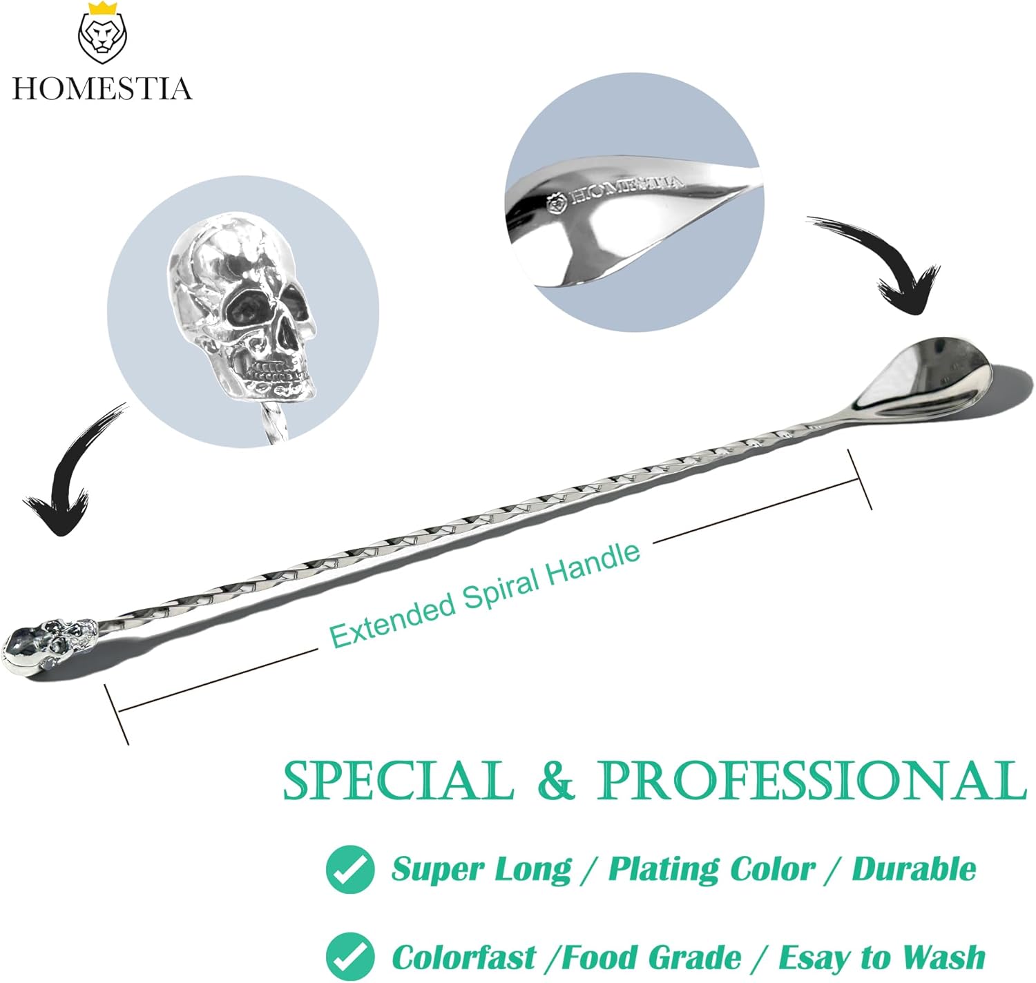 Homestia Cuchara de barra de calavera de acero inoxidable de 12 pulgadas, herramienta de barra plateada para bar barman hombres y mujeres, Acción de