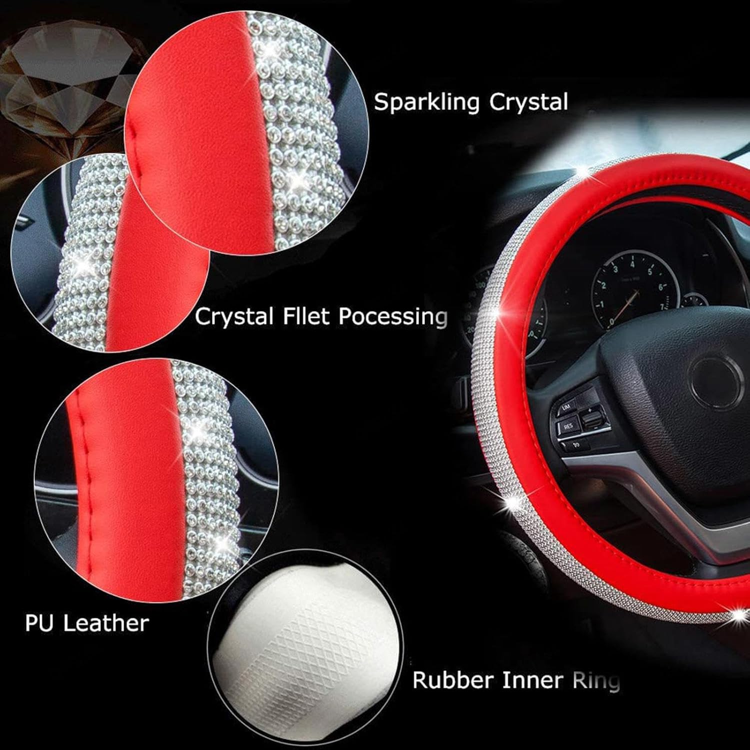 Funda para volante con purpurina, accesorios brillantes, universal de 15 pulgadas, se adapta a la mayoría de automóviles, SUV, camiones, minivans,