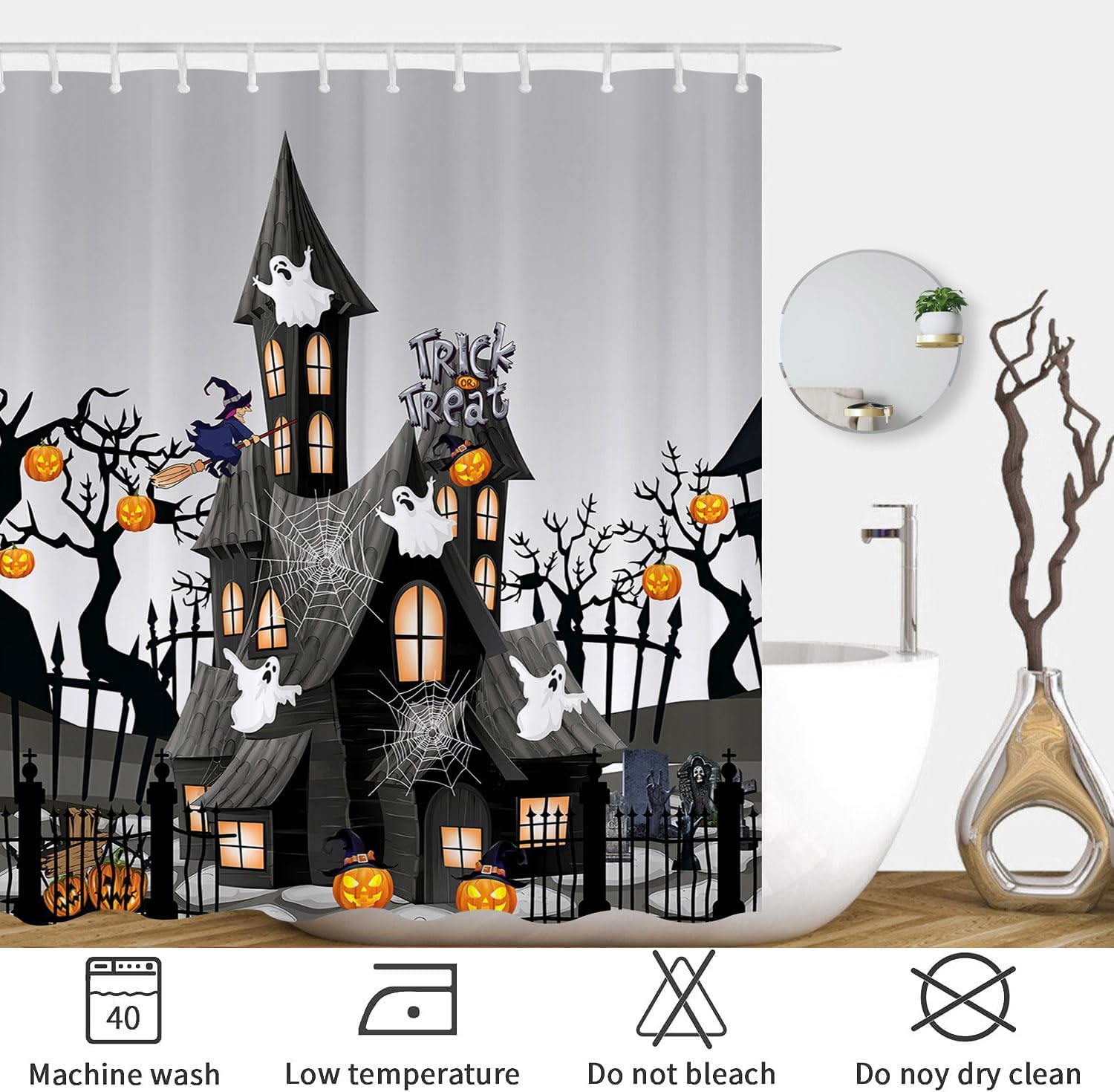 ARESD Cortina de ducha de Halloween para baño, cortina de baño de tela de araña, tela de poliéster, impermeable, decoración de Halloween, con 12