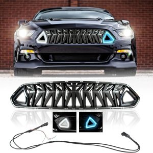 AILIECHO Parrilla frontal horizontal, parrilla de parachoques con capucha de tiburón negro mate para Ford Mustang 2018-2021 con LED y cableado, luz AILIECHO Parrilla frontal horizontal, parrilla de parachoques con capucha de tiburón negro mate para Ford Mustang 2018-2021 con LED y cableado, luz