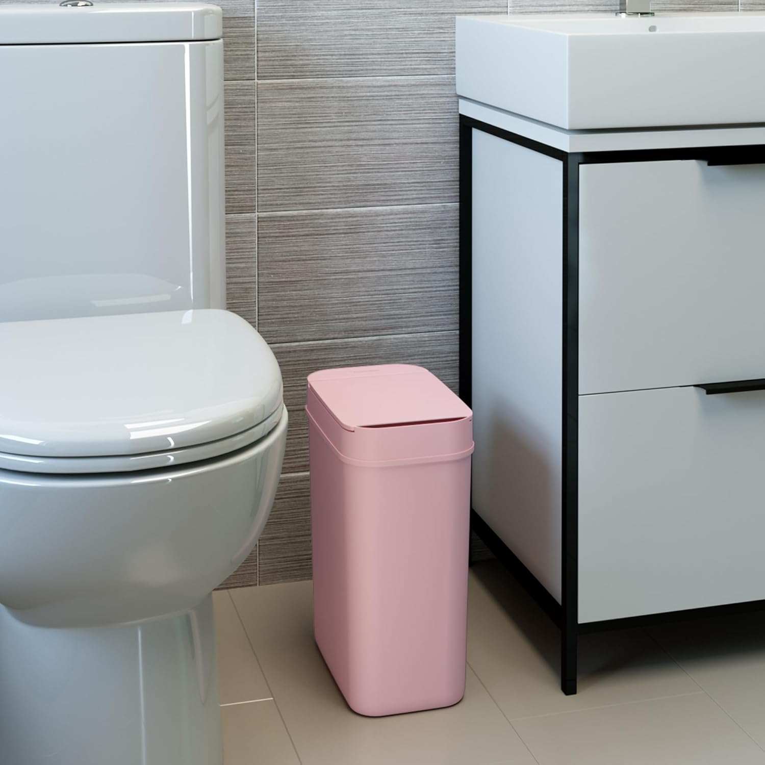 iTouchless Cubo de basura de baño rosa con sensor de 3 galones, 10 litros, delgado, sin contacto, pequeño, automático, con tapa, estrecho control de