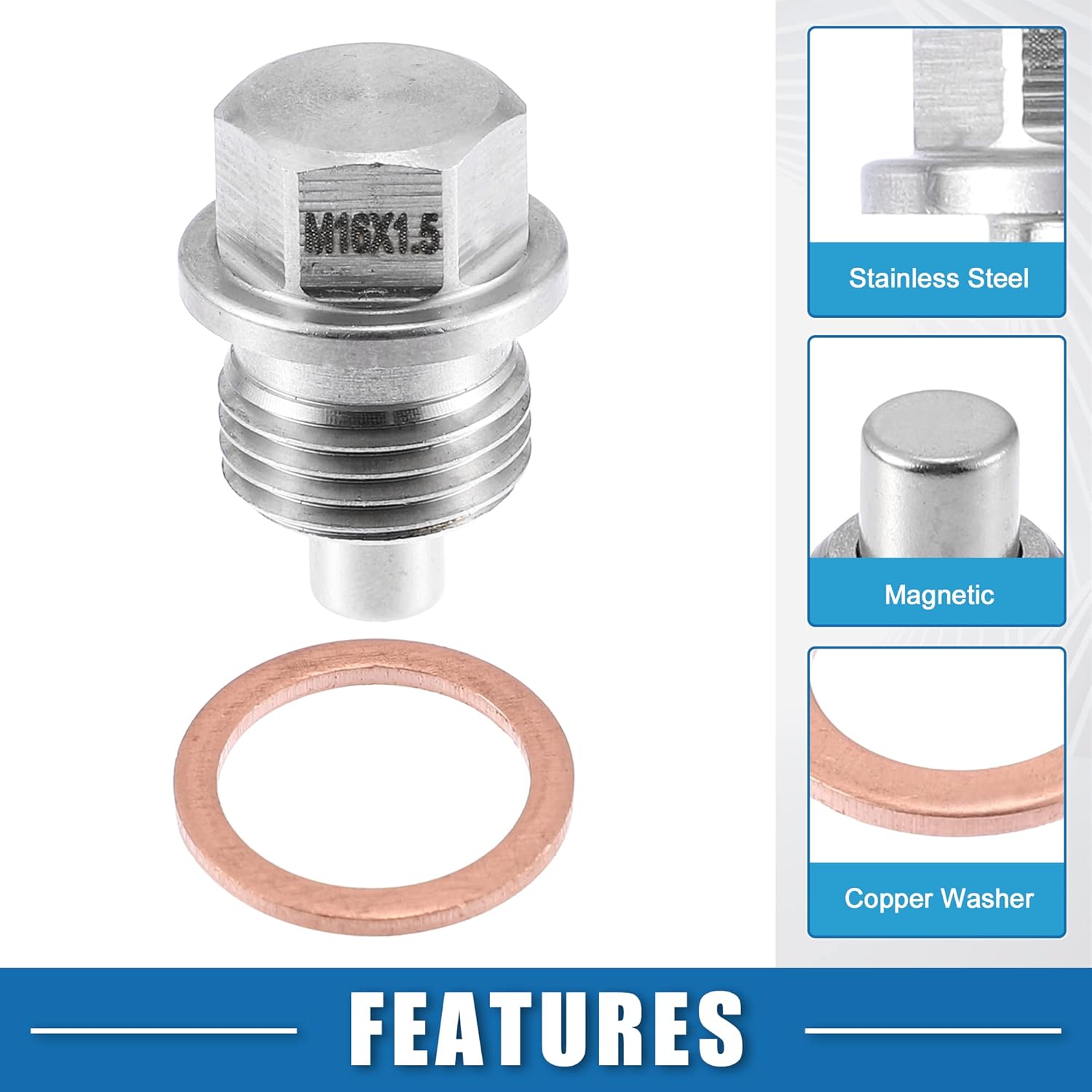 Tapón magnético de drenaje de aceite para motor de vehículo M16x1.5 de acero inoxidable con lavadora de cobre (paquete de 2)